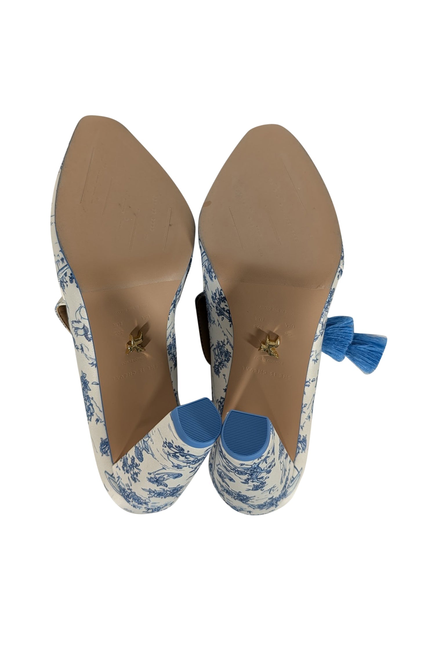 She Is Cheval - Enchanting White & Blue Toile Print Satin Heels in Size 8.5