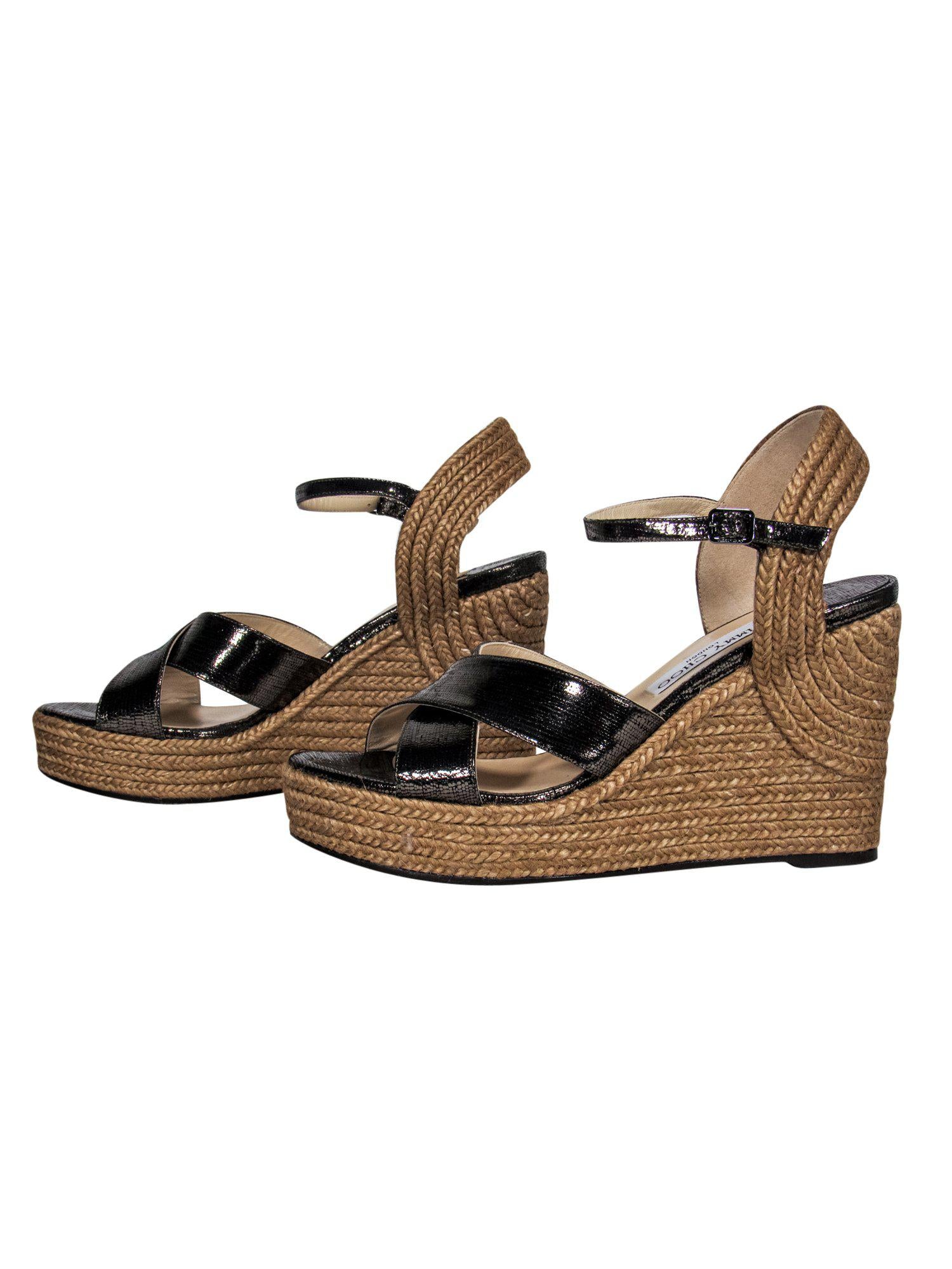 Jimmy Choo Pewter Faux Snakeskin Metallic Woven Wedges - Size 9: Shimmering Resort Footwear