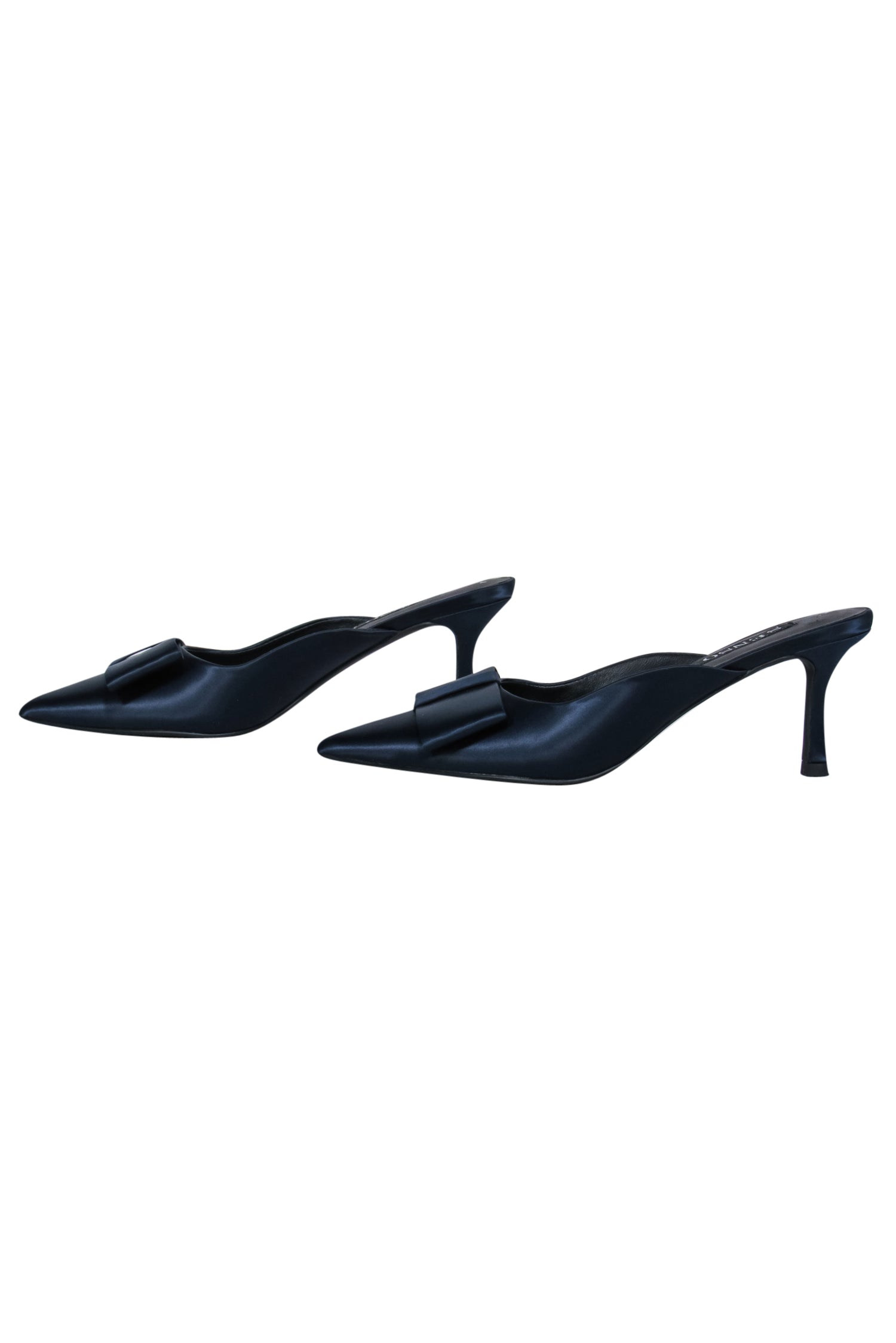 Enchanting Navy Silk Satin Pointed Toe Mule Heels with Bows - Size 8