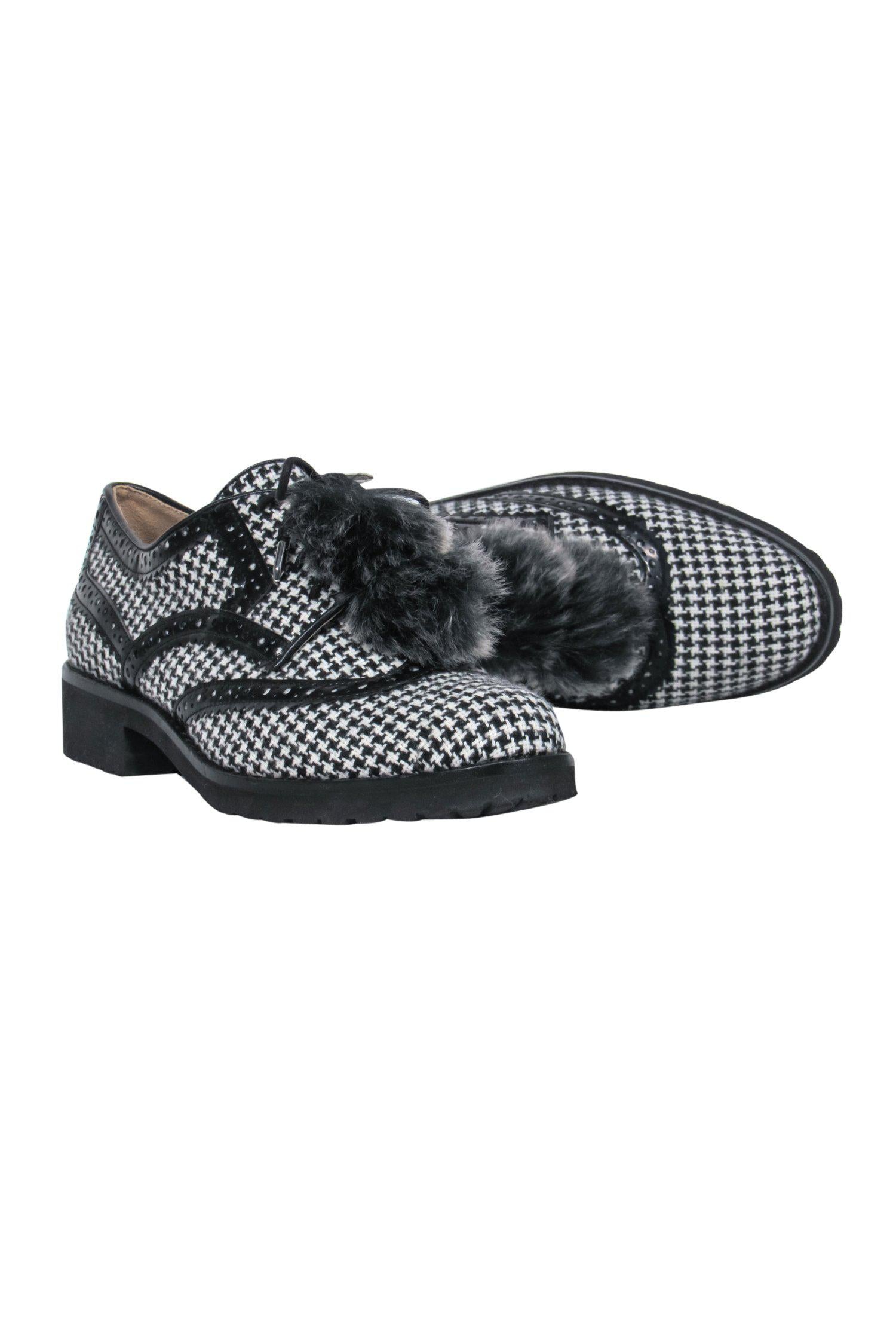 Sam Edelman's Stunning Black & White Lace-Up Oxford Heeled Loafers with Pom-Poms - Size 8