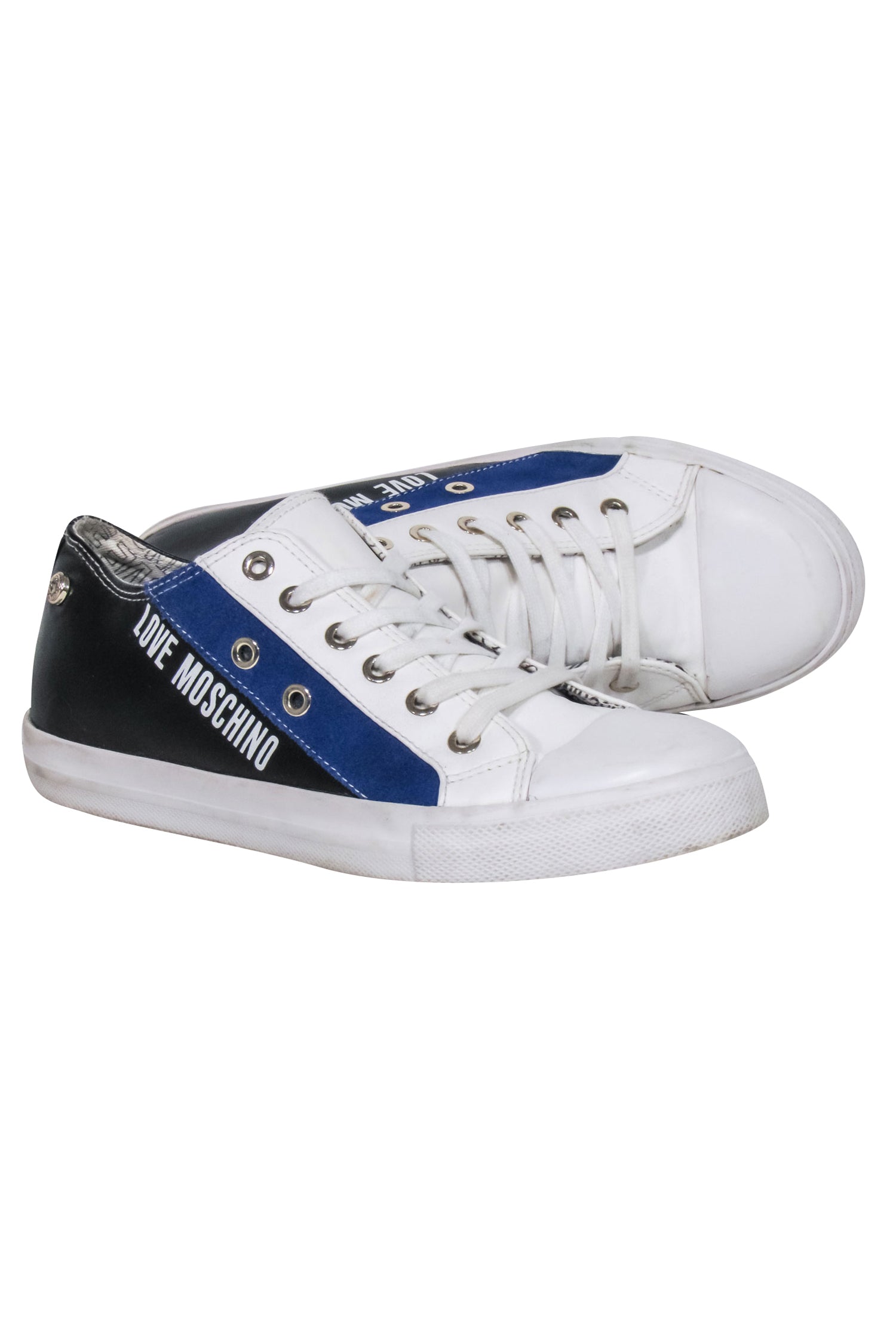Love Moschino Stylish Lace - Up Sneakers in White, Blue & Black, Size 8