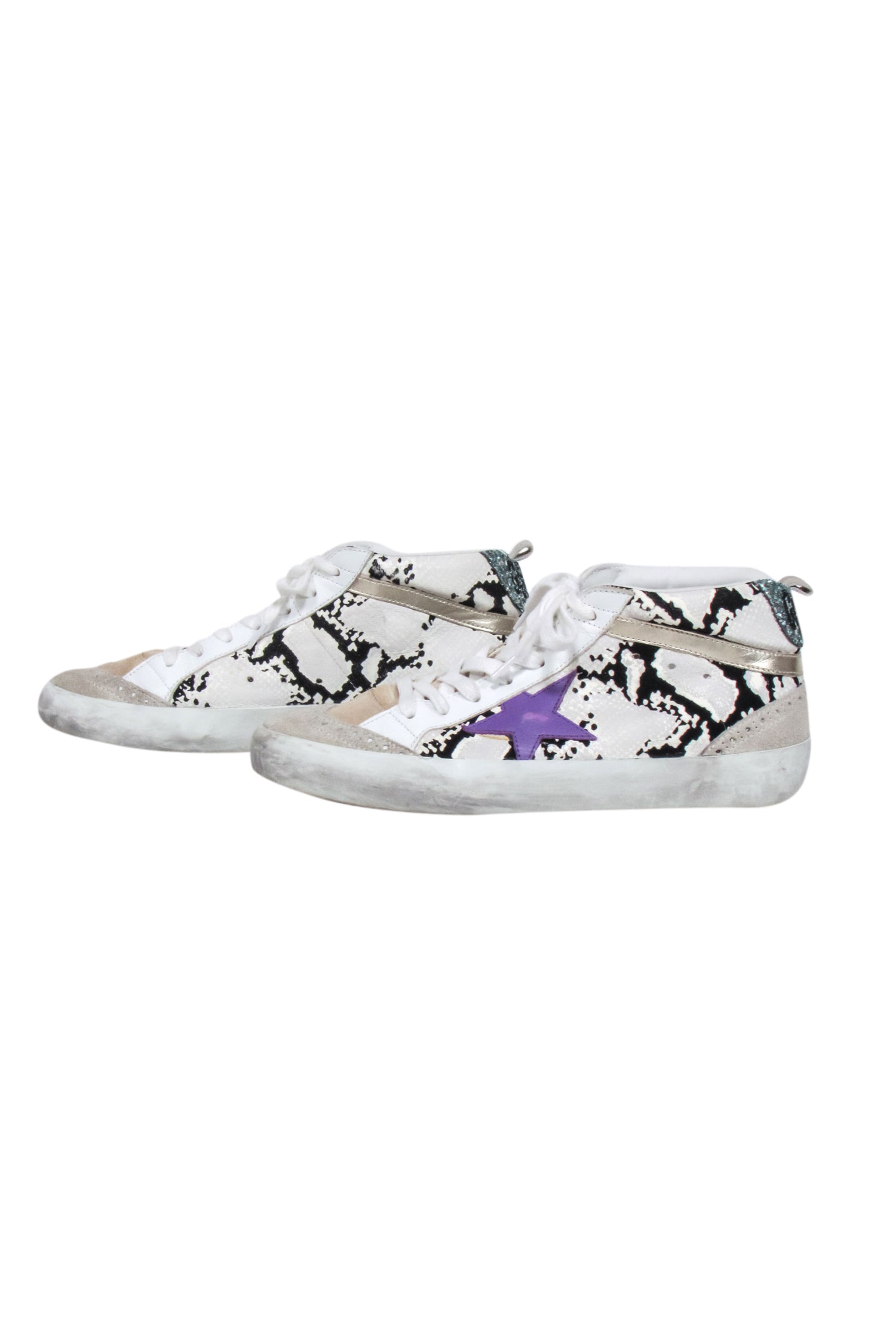 Golden Goose - Stunning White & Black Python Print High Tops with Purple Star, Size 8