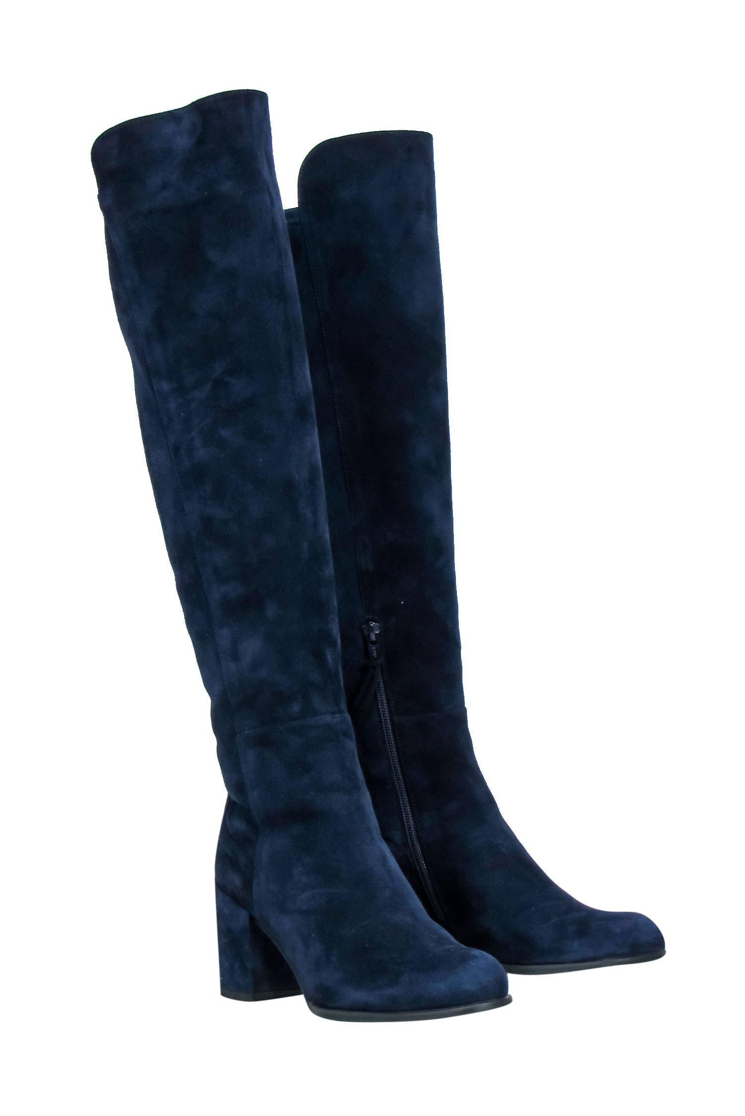 Stuart Weitzman Navy Suede Knee-High Heeled Boots - Size 6.5 - Glam Up Your Winter!