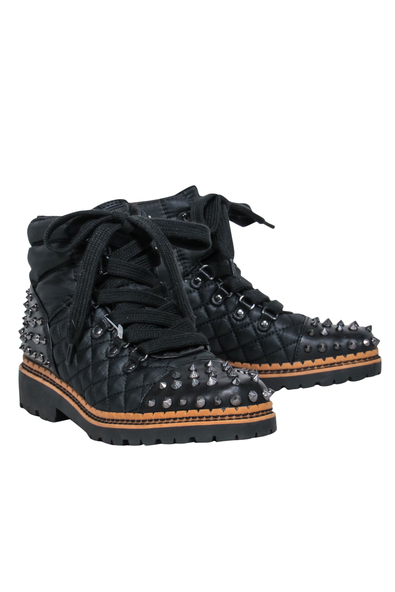 Sam Edelman's Edgy Black Lace - Up Spiked Puffer Booties, Size 6
