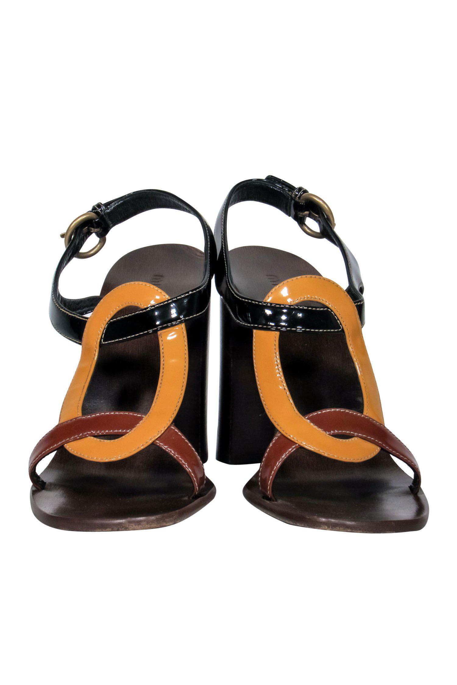 Miu Miu - Stunning Brown, Mustard & Black Colorblocked Patent Strappy Wooden Pumps in Size 10