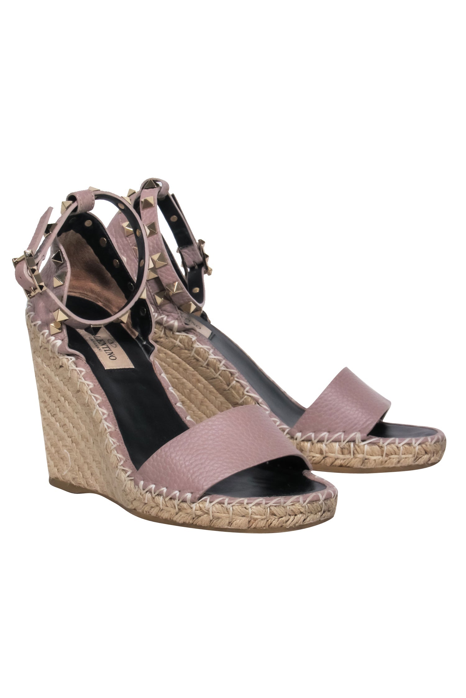 Valentino Nude Calfskin Leather Rock-Stud Espadrille Wedges with Ankle Strap - Size 7
