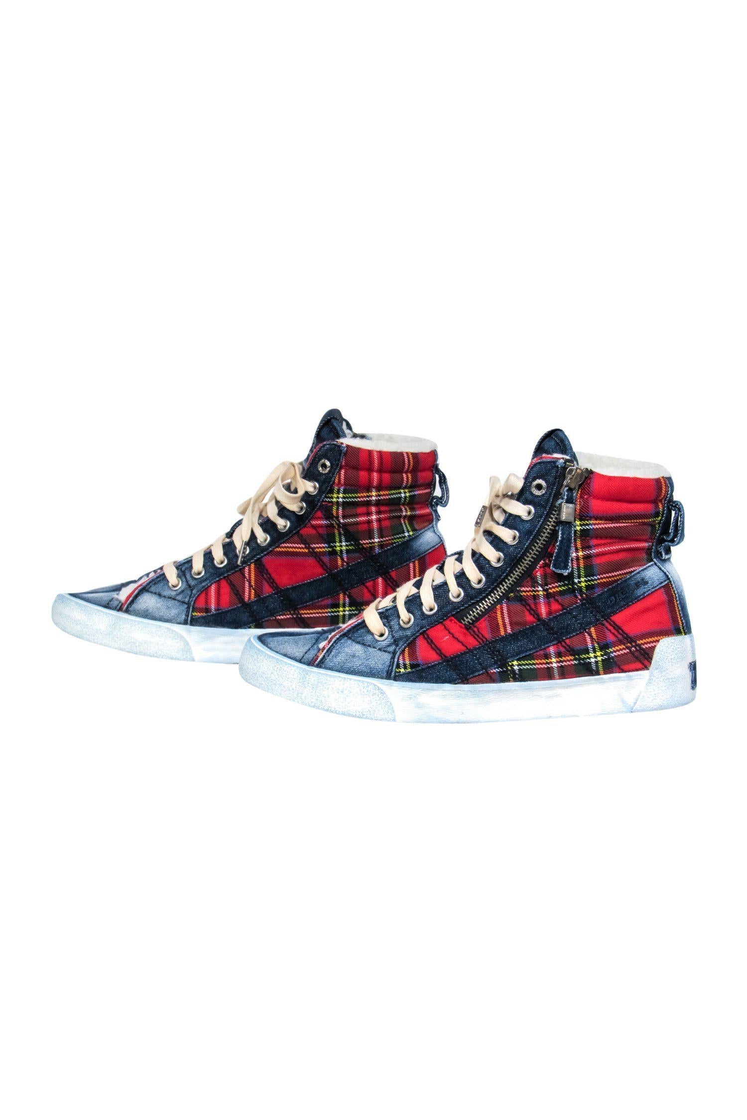 Diesel's Cozy Denim & Red Plaid High-Top Shearling Sneakers - Size 7.5