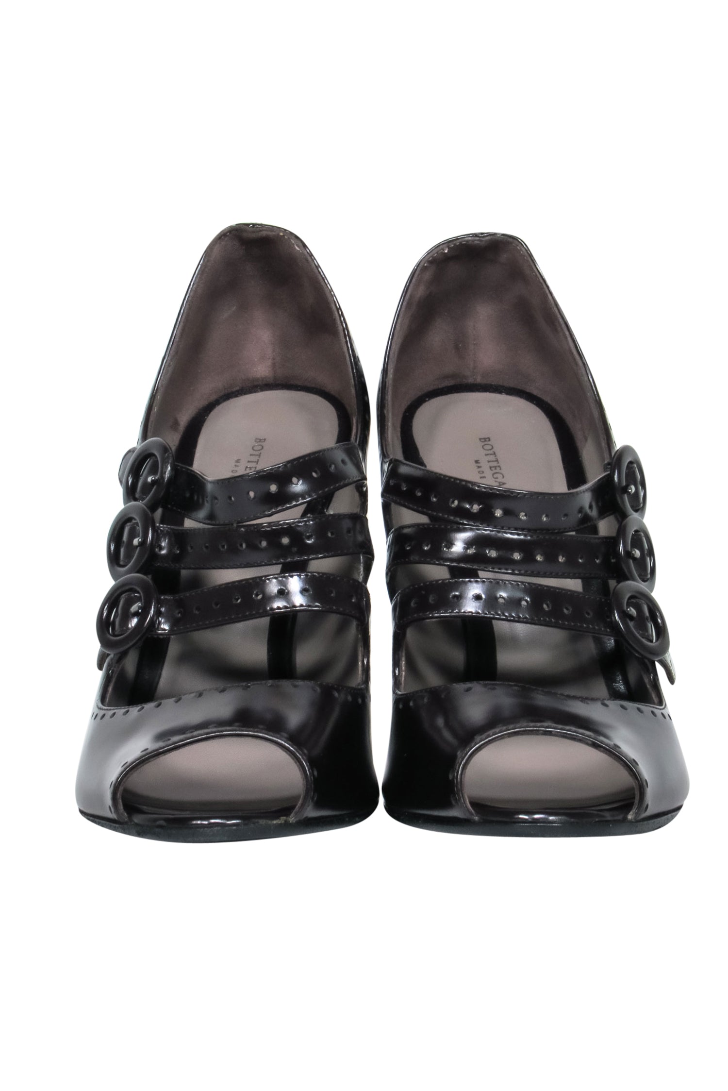 Bottega Veneta's Stunning Brown Leather Peep Toe Pumps with Triple Buckle Straps - Size 6.5