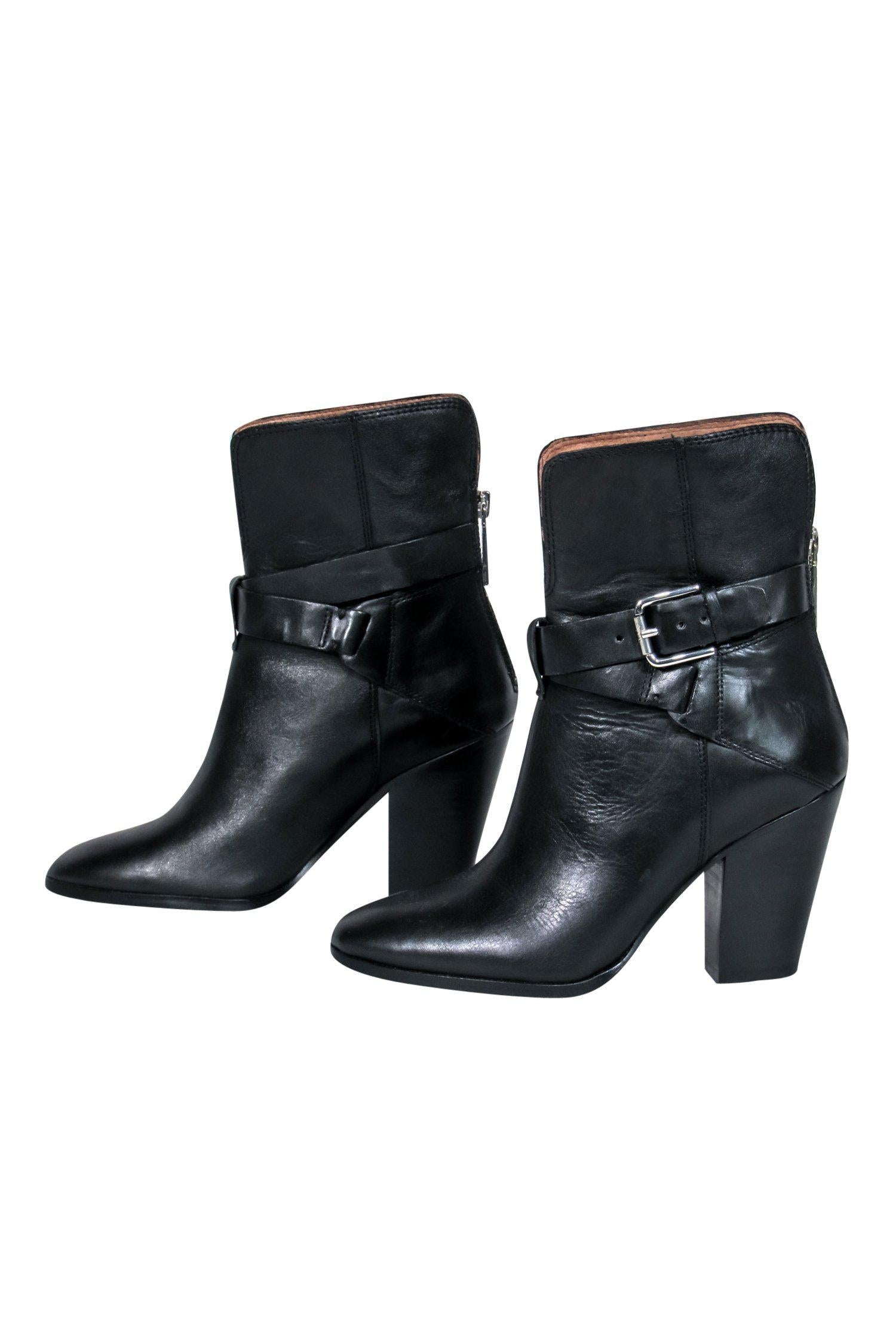Donald J Pliner's Stylish Black Leather Block Heel Ankle Booties with Buckle, Size 5.5