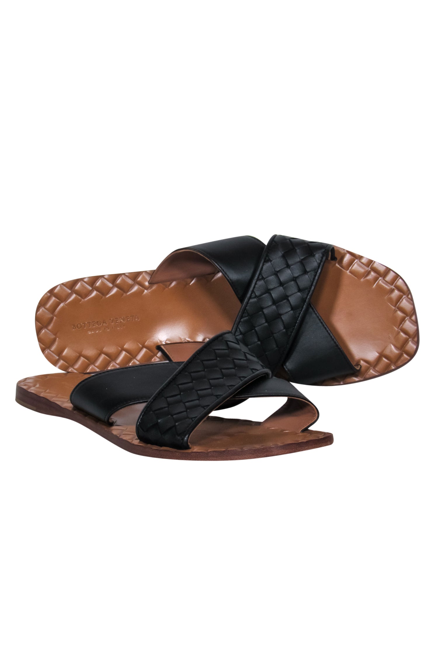Bottega Veneta - Stunning Black & Tan Woven Leather Crisscross Slide Sandals in Size 8