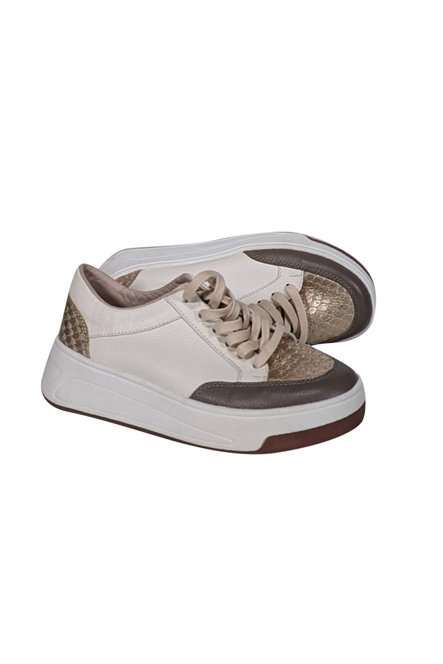 Nora Lozza Ivory Luxury Sneakers with Gold Snake Skin Embossed Leather - Size 5