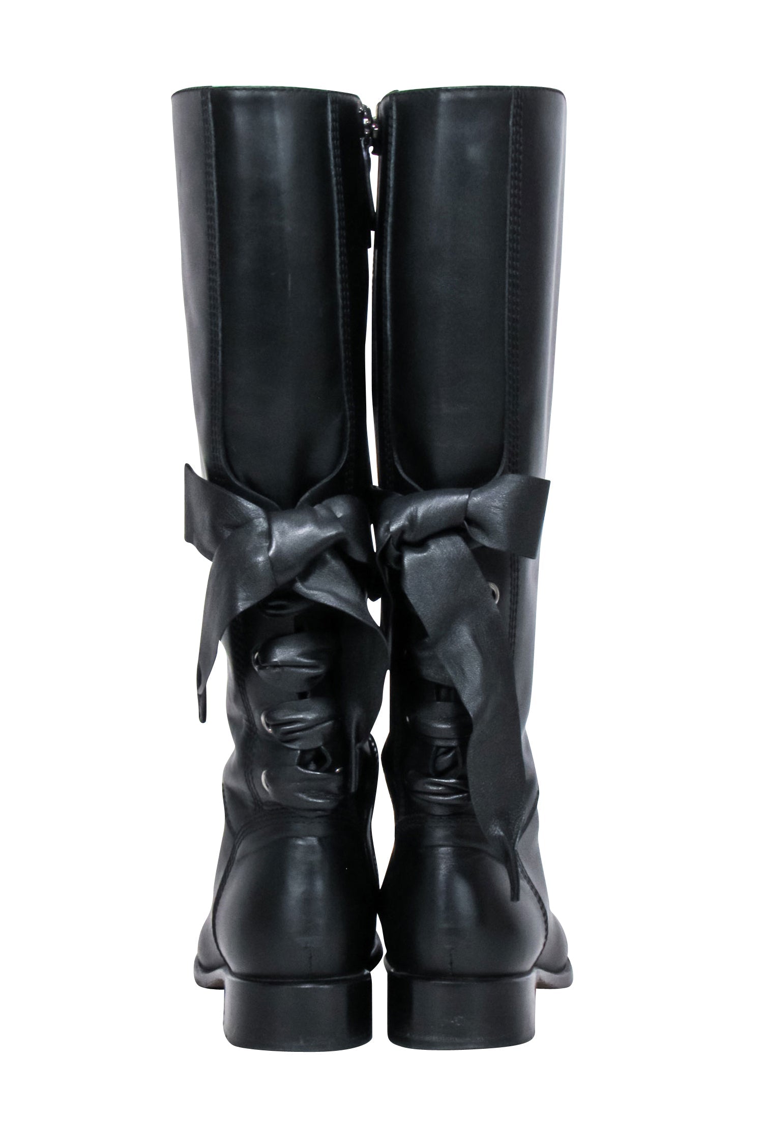 Valentino Black Leather Tall Boots with Lace - Up Bow, Size 7