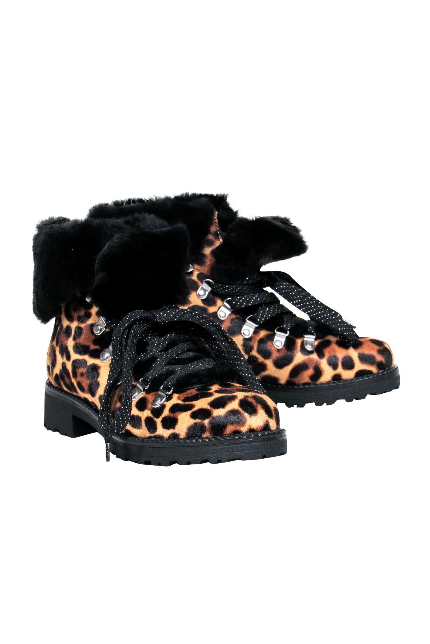 J.Crew Tan & Black Leopard Print Calf Hair Shearling Trim Combat Boots - Size 9