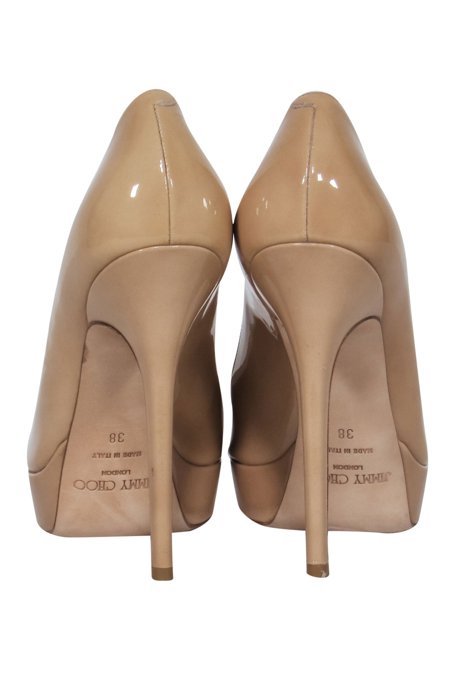 Jimmy Choo Nude Patent Leather Peep Toe Stilettos - Size 8, Party-Ready!