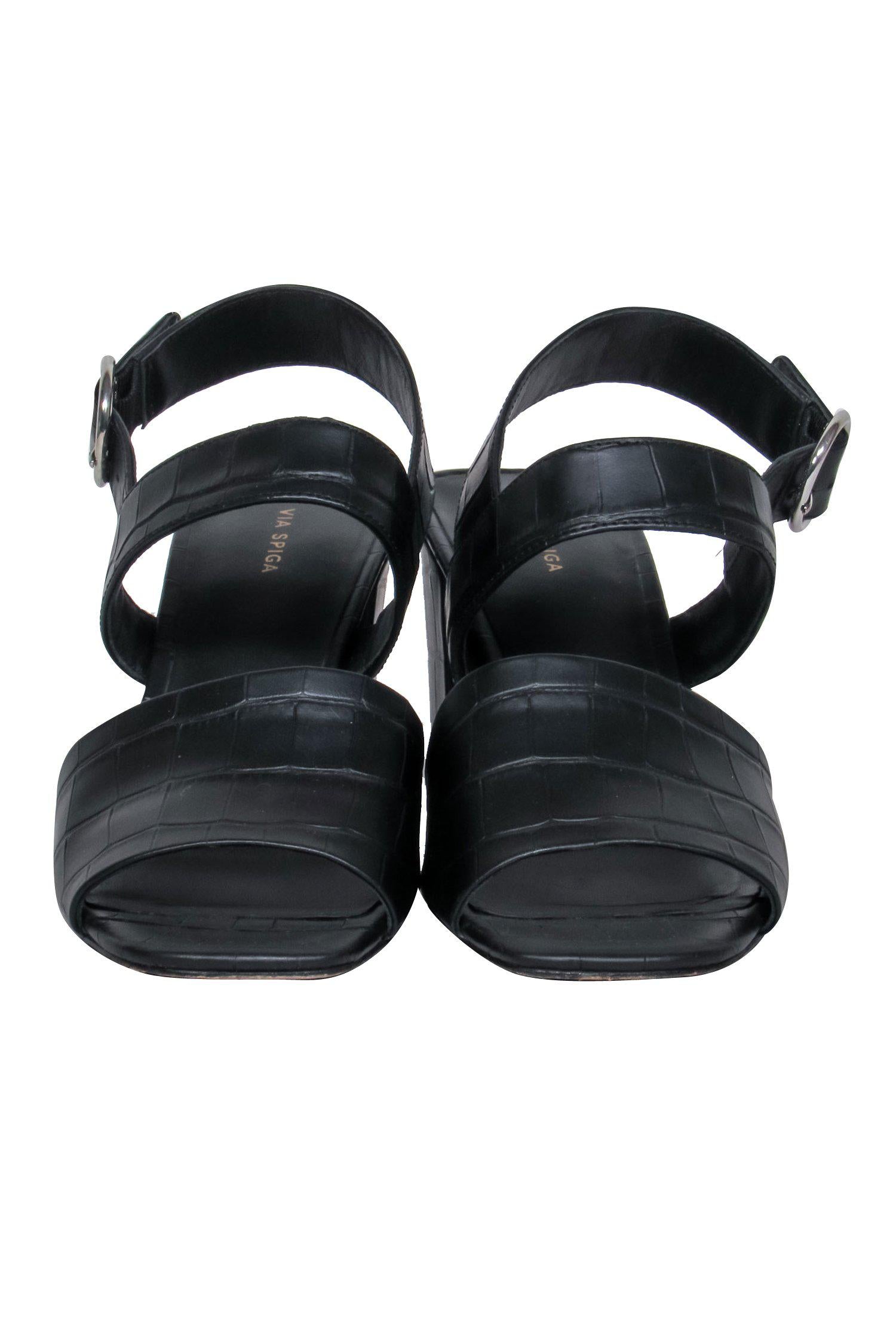 Via Spiga's Stunning Black Reptile Embossed Leather Block Heeled Sandals - Size 9