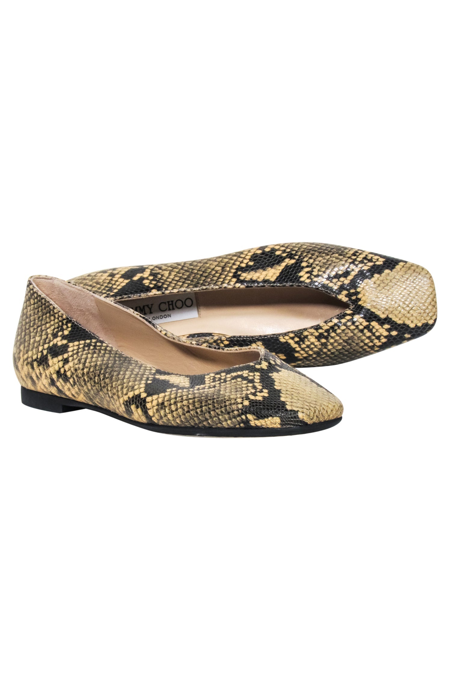 Jimmy Choo Juelle Dijon Snake Print Beige & Black Flats - Size 7.5