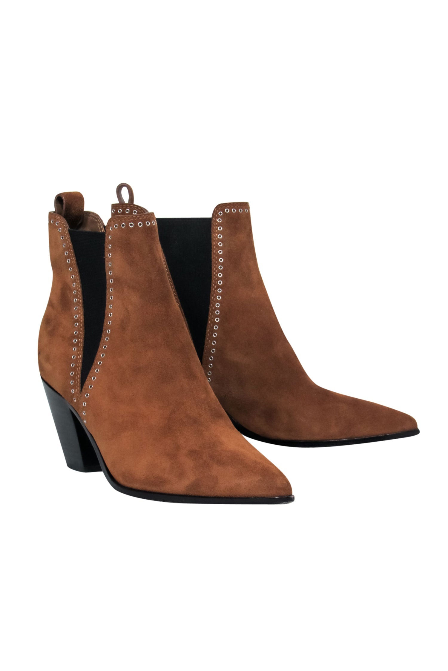 Paige Brown Suede Pointed Toe Block Heel Booties with Grommet Trim - Size 8