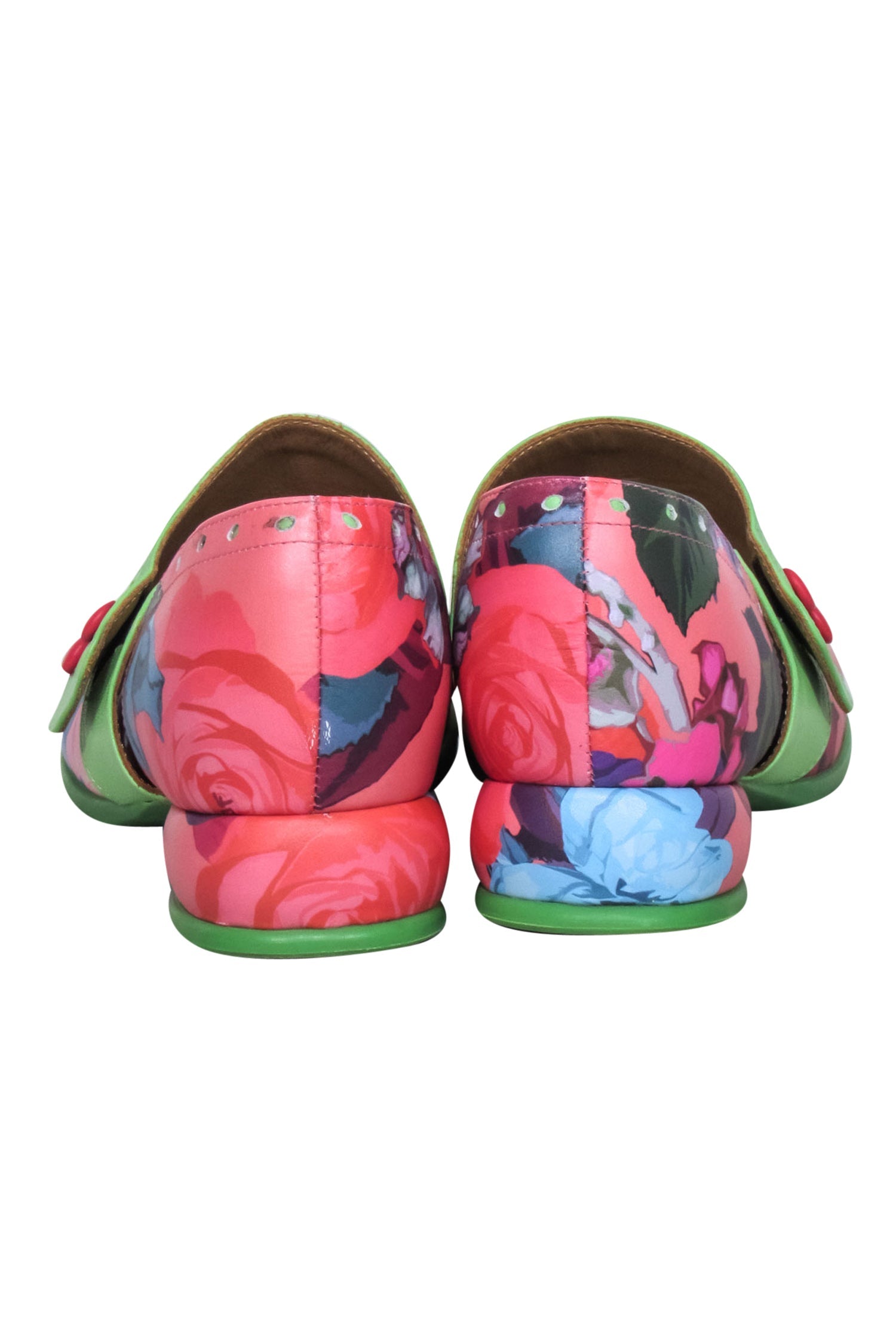 John Fluevog Green & Rose Floral Print Leather Mary Janes - Size 7