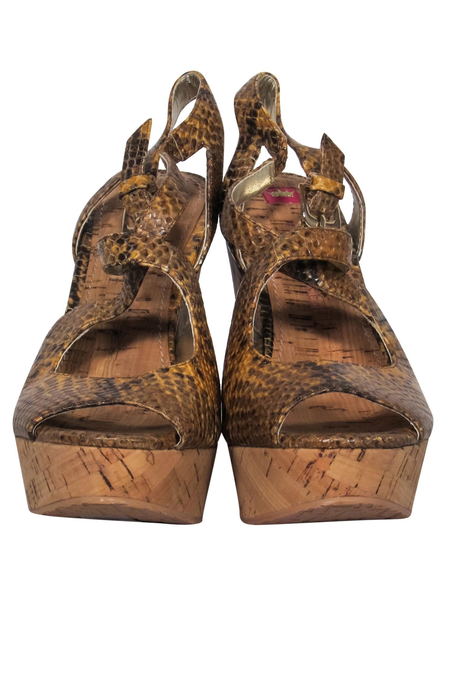 Elaine Turner - Stunning Brown Snakeskin Print Strappy Cork Platform Pumps in Size 8