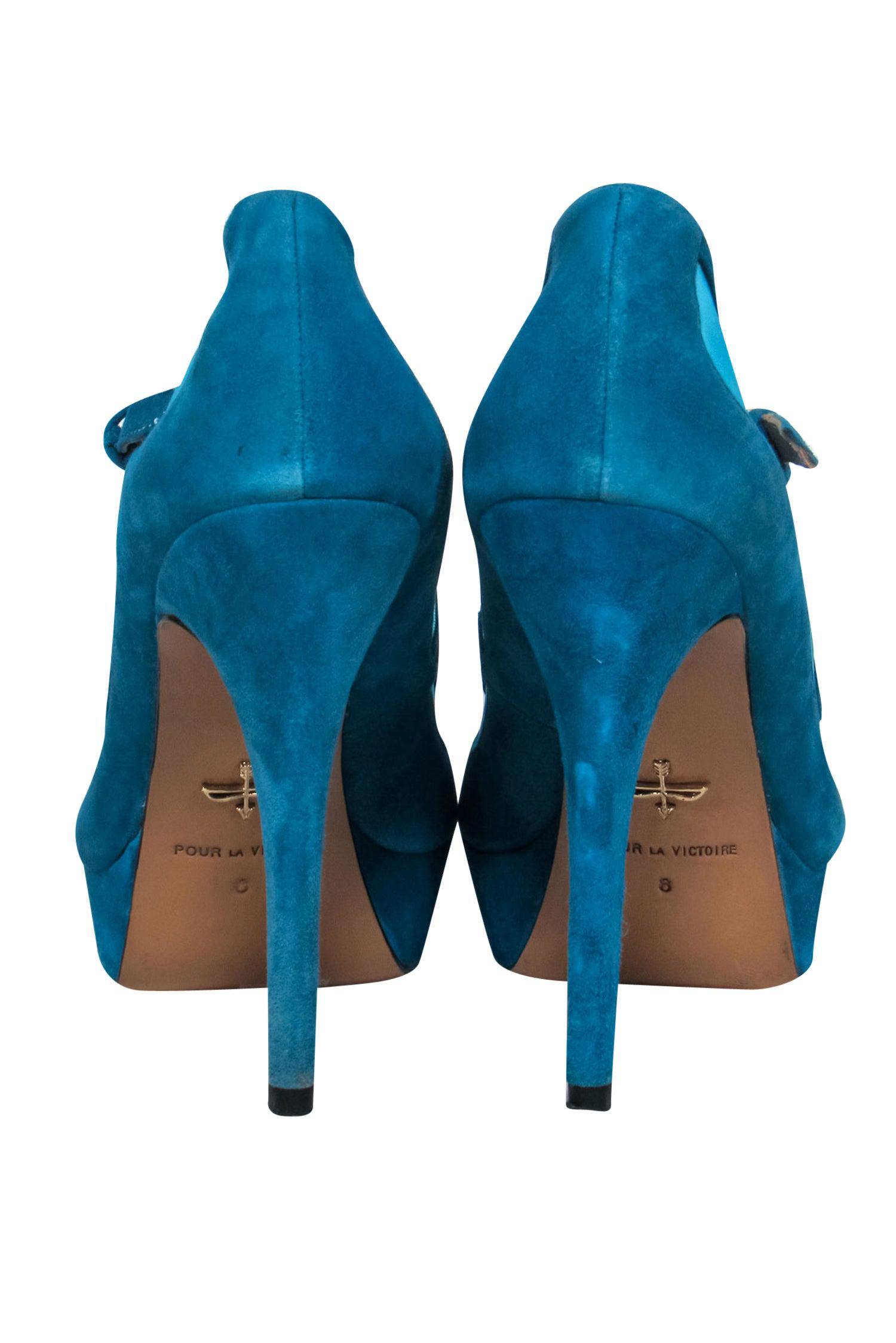 Pour La Victoire - Stunning Teal Suede Mary Jane Platform Pumps with Mesh, Size 8