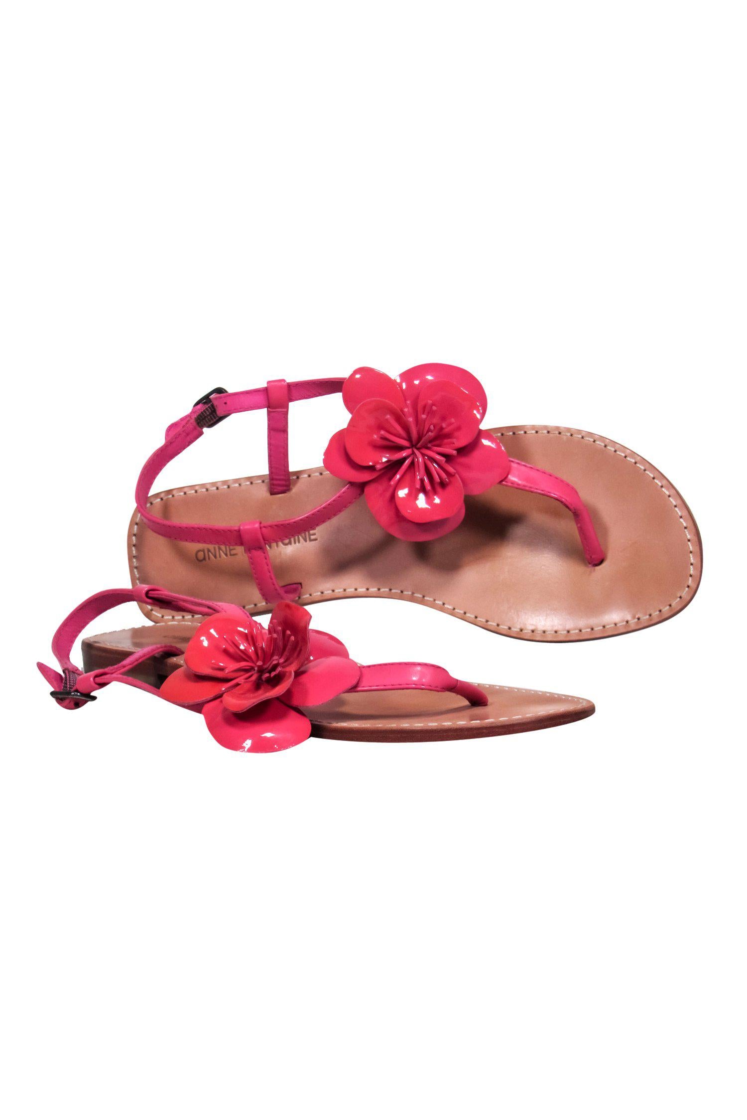 Anne Fontaine Pink Patent Leather Floral Thong Sandals - Size 9