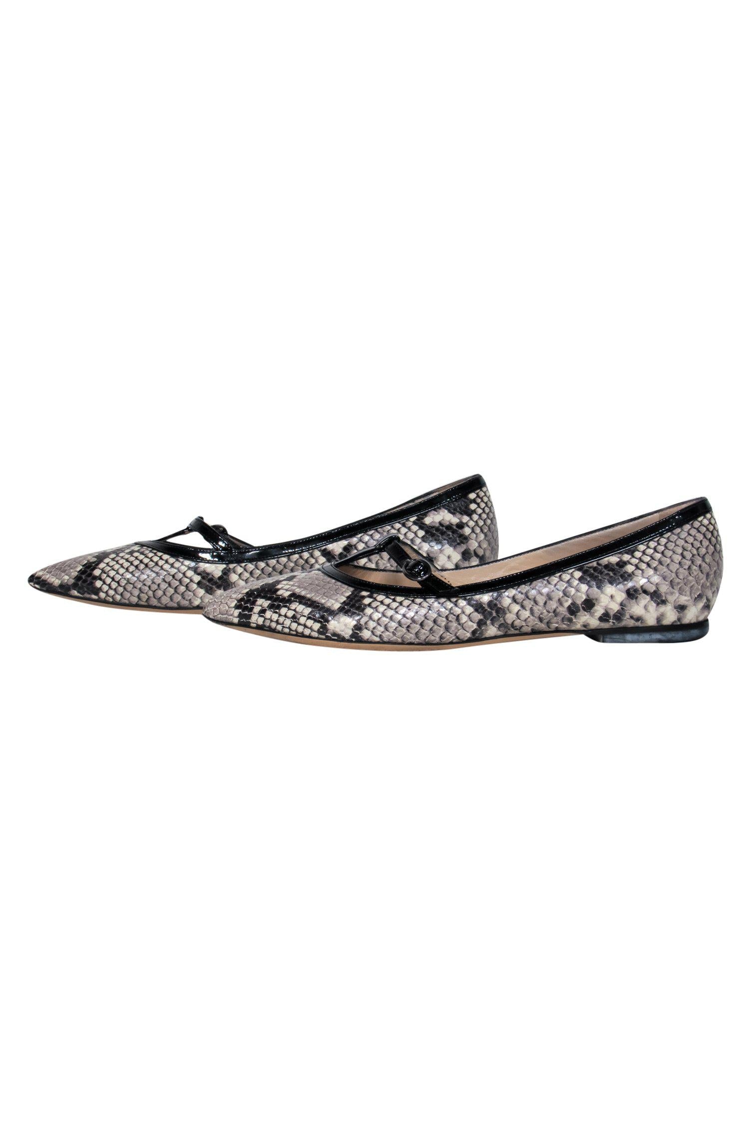 M. Gemi Gray Snakeskin & Patent Leather T-Strap Pointed Toe Flats - Size 7: Chic & Playful!