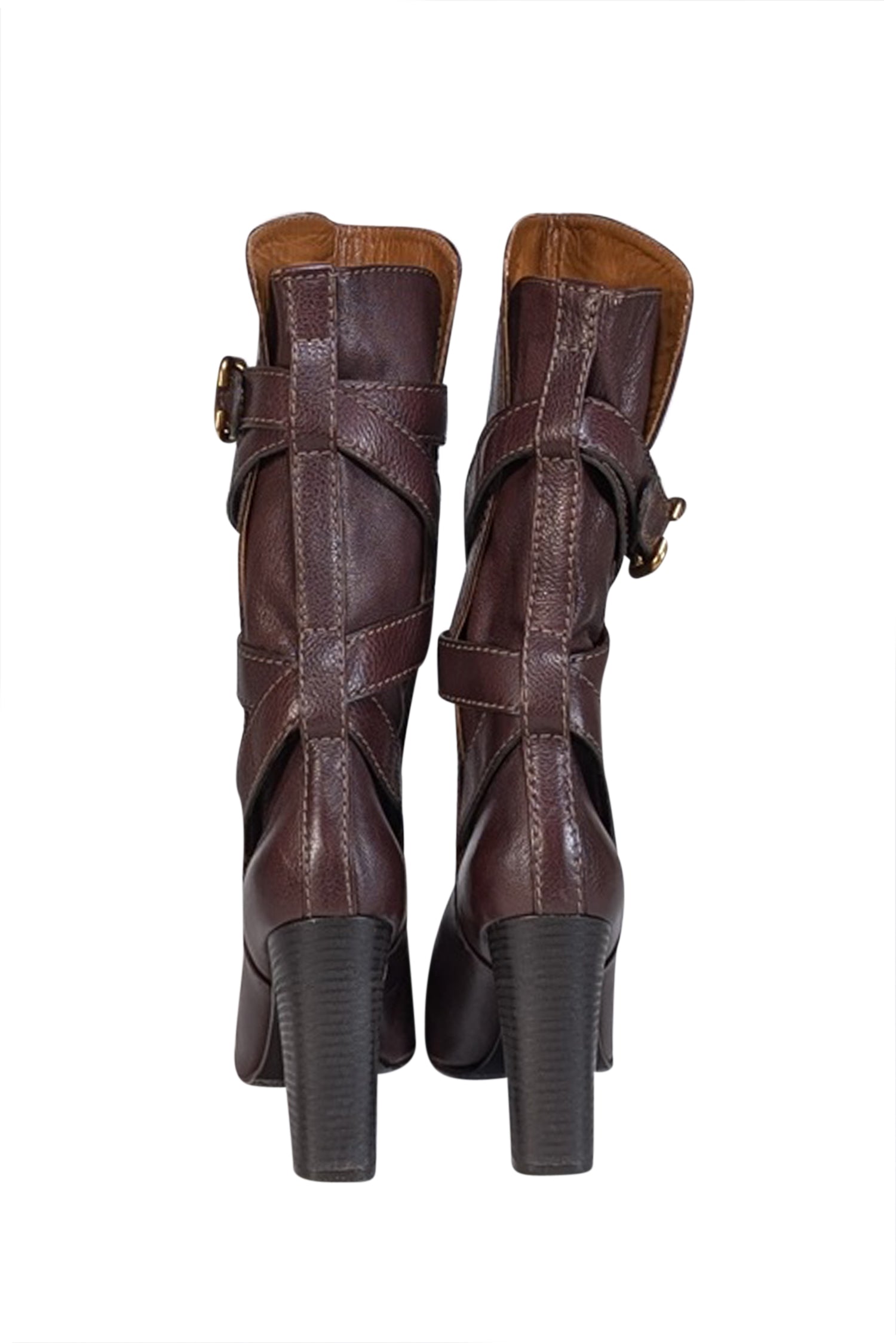 Chloe's Stunning Brown Leather Wrap - Around Buckle Tall Boots, Size 10.5