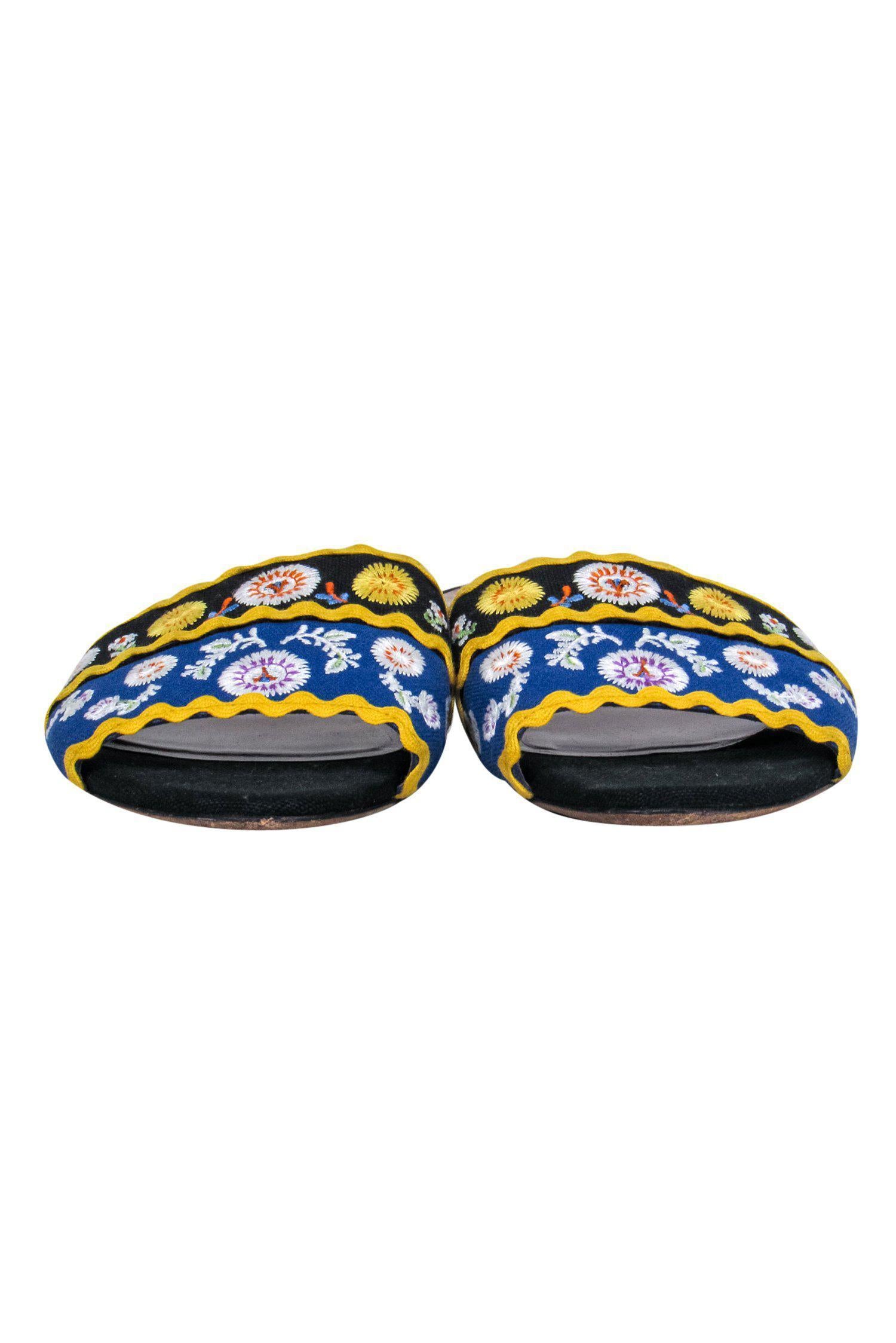 Tabitha Simmons - Vibrant Floral Embroidered Slide Sandals in Black, Blue & Yellow, Size 11