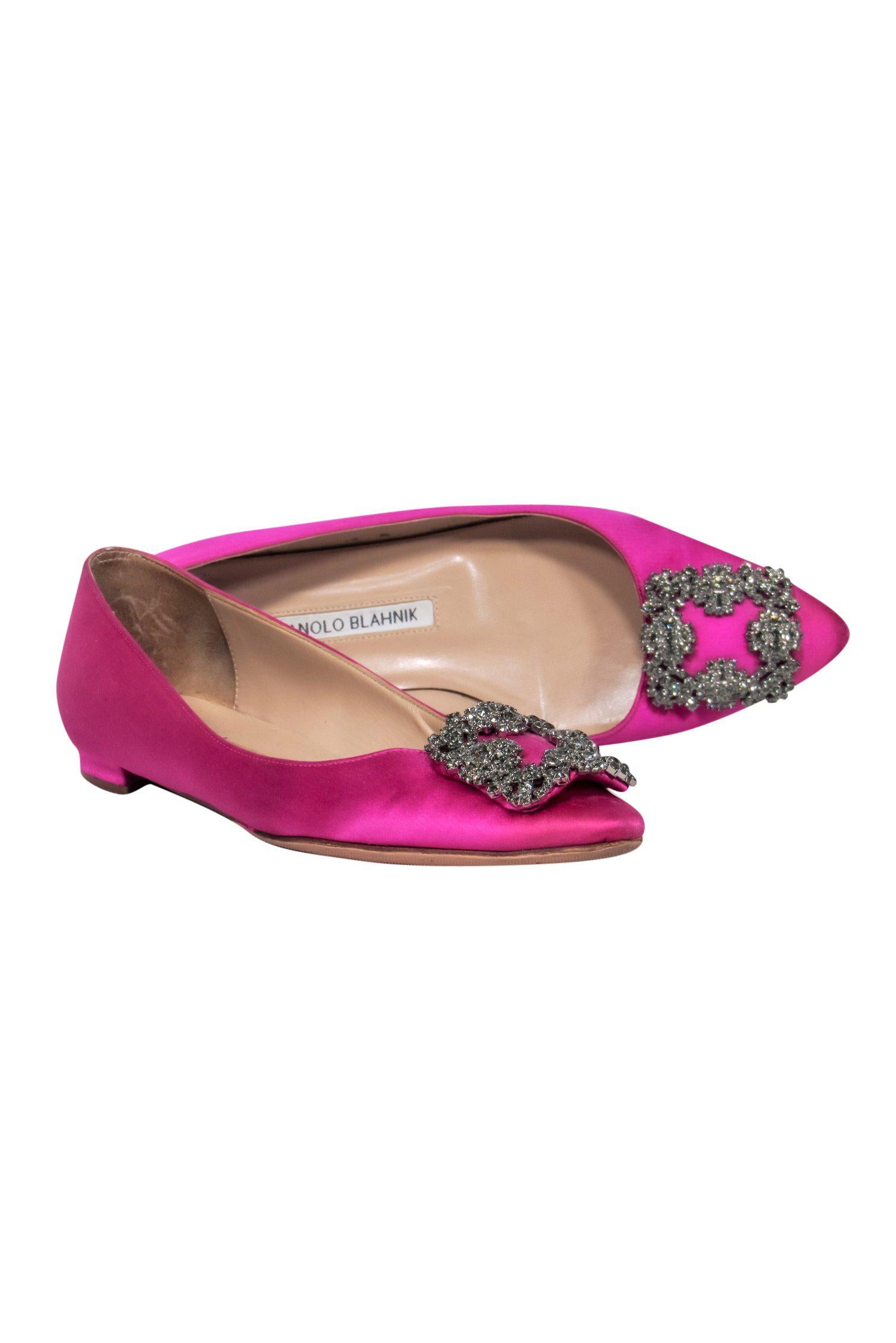 Manolo Blahnik Magenta Satin Pointed Toe Rhinestone Buckle Flats - Size 7: Your Fairytale Footwear