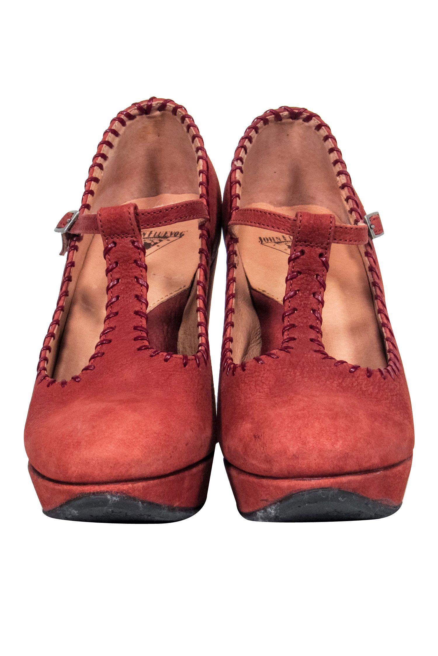 John Fluevog Rust Leather T-Strap Wedge Heels - Size 9, A Whimsical Fashion Statement
