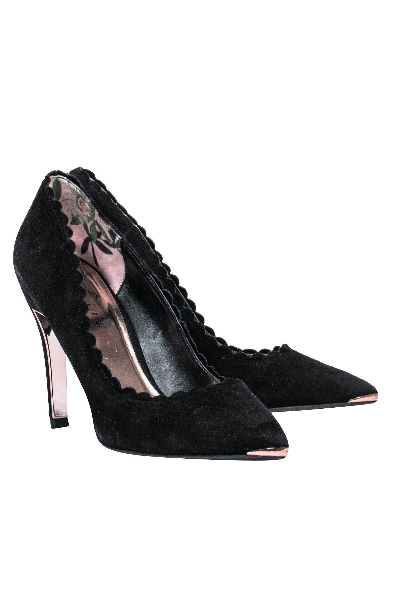 Ted Baker's Glamorous Black Suede Pointed Toe Heels with Rose Gold Trim - Size 9.5