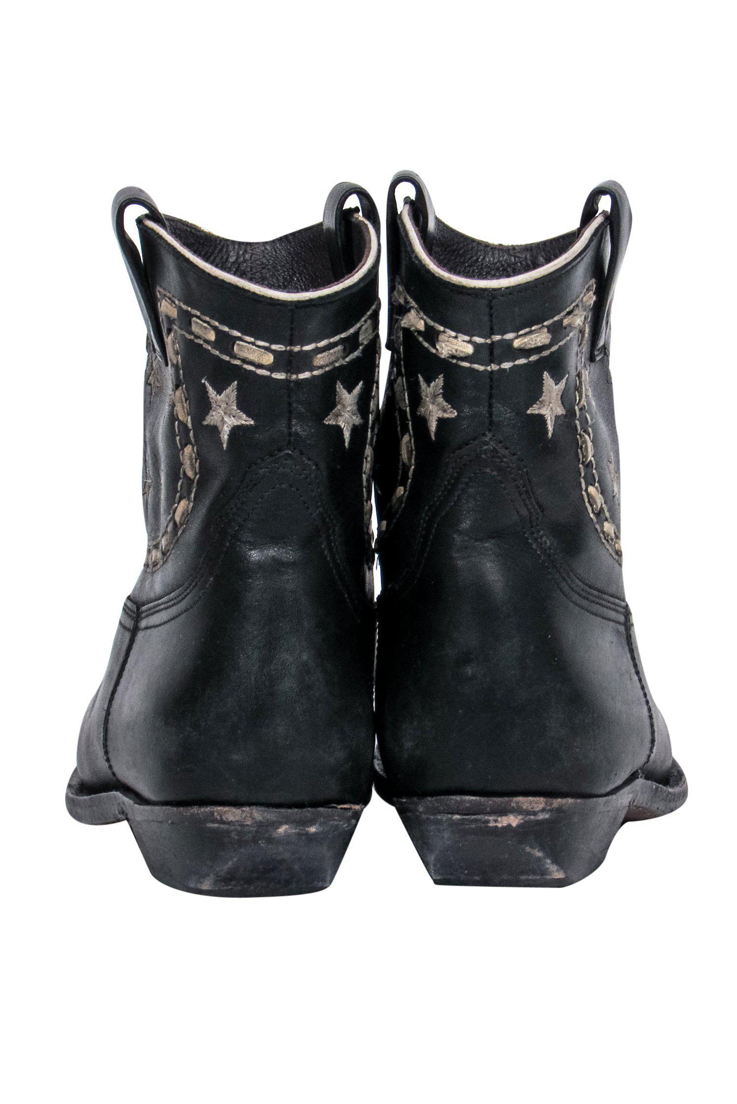 Golden Goose Black Western Distressed Boots with White Star Stitching - Size 6