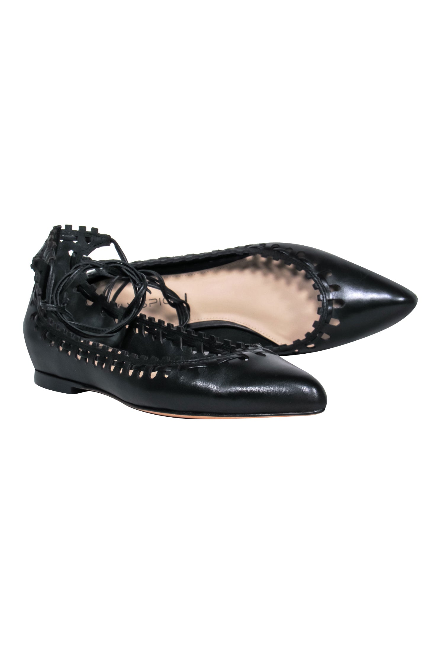 Via Spiga Black Leather Pointed Toe Ankle Wrap Flats: Edgy Laser Cut Trim!