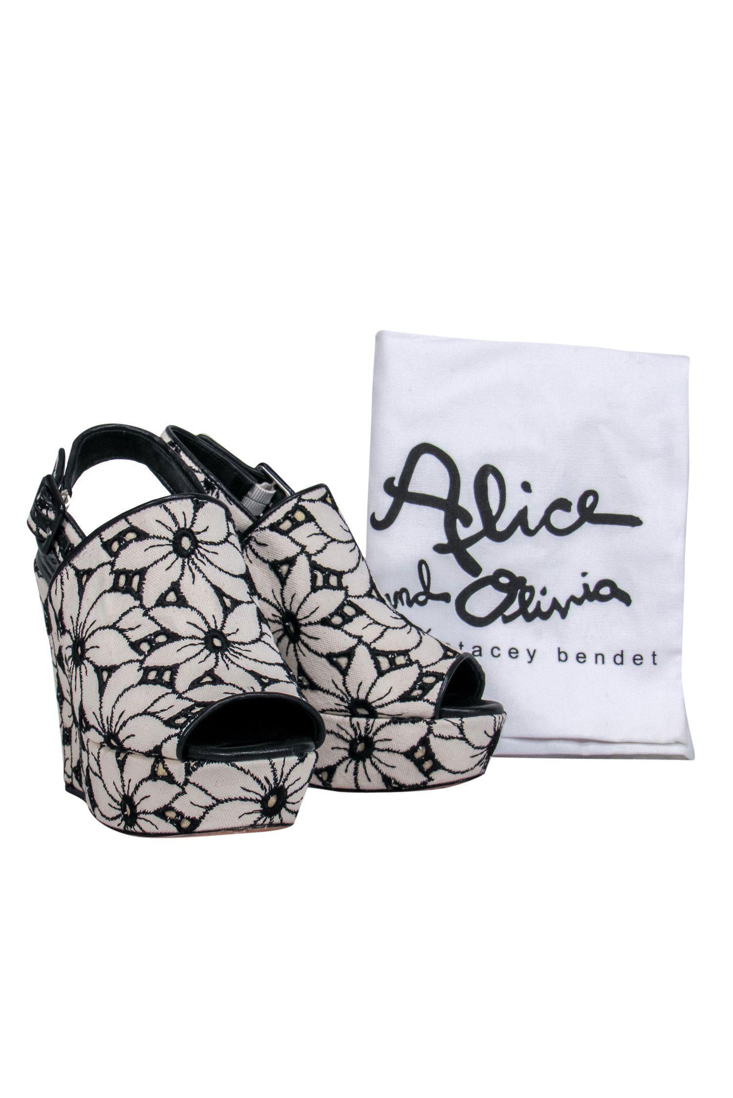 Alice & Olivia's Stunning Beige & Black Floral Embroidered Chunky Slingback Heels - Size 6