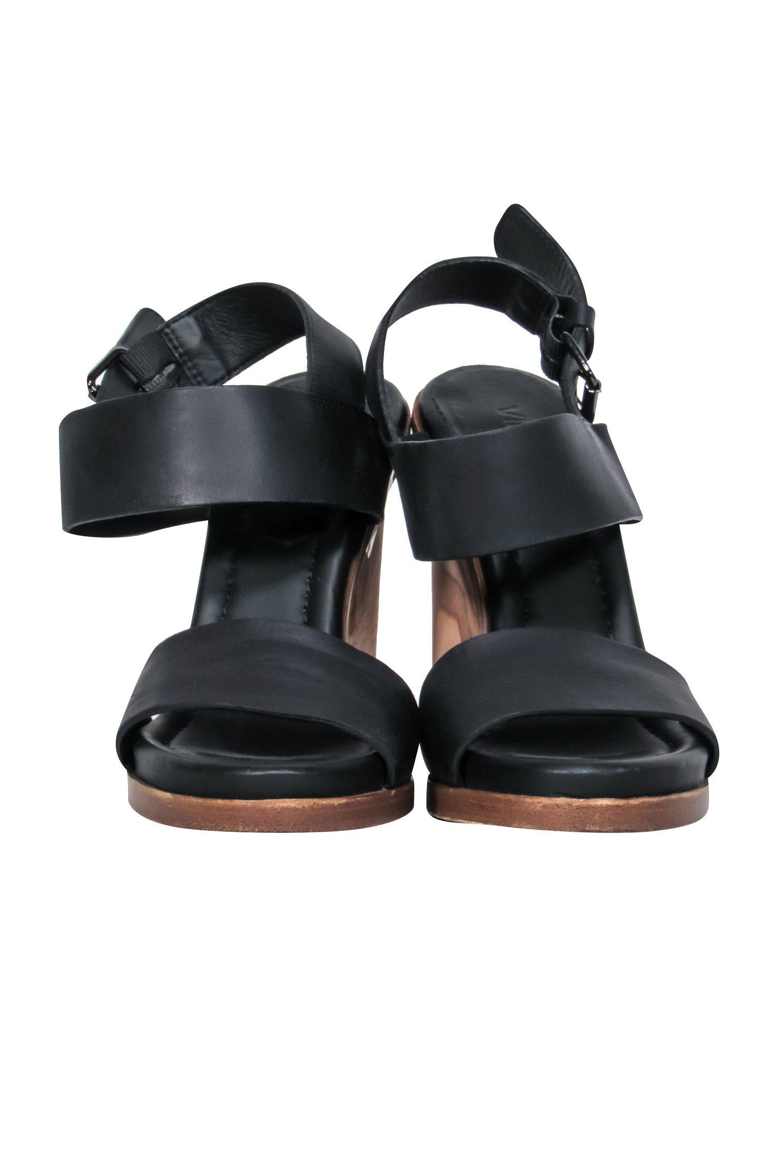 Vince Hayley Black Leather Strappy Wooden Block Heel Pumps - Size 6