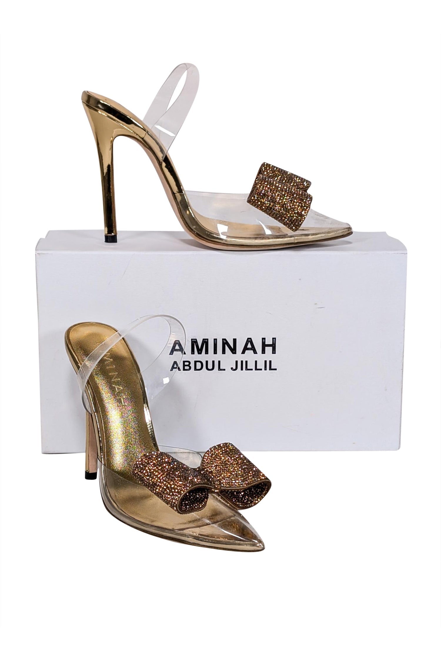 Aminah Abdul Jillil's Stunning Aloral Strappy Pumps with Gold Rhinestone Bow - Size 7