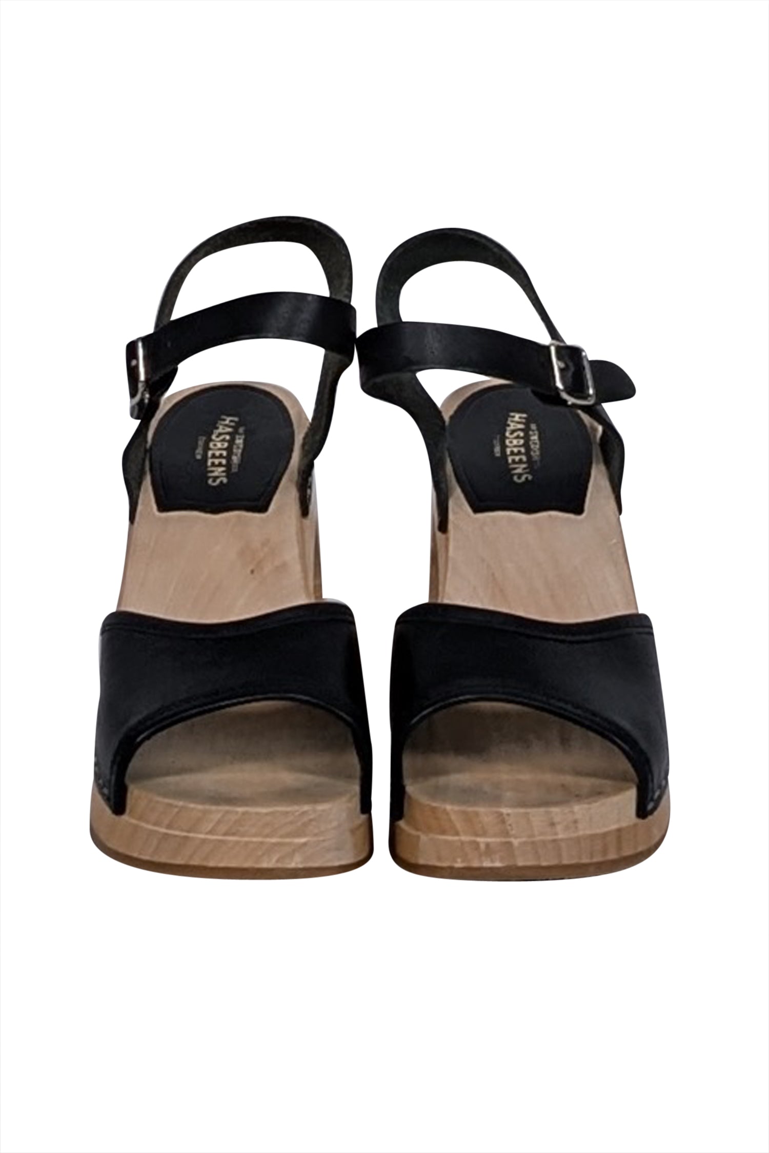Swedish Hasbeens Black Leather Strappy Wooden Clog Sandals - Size 6