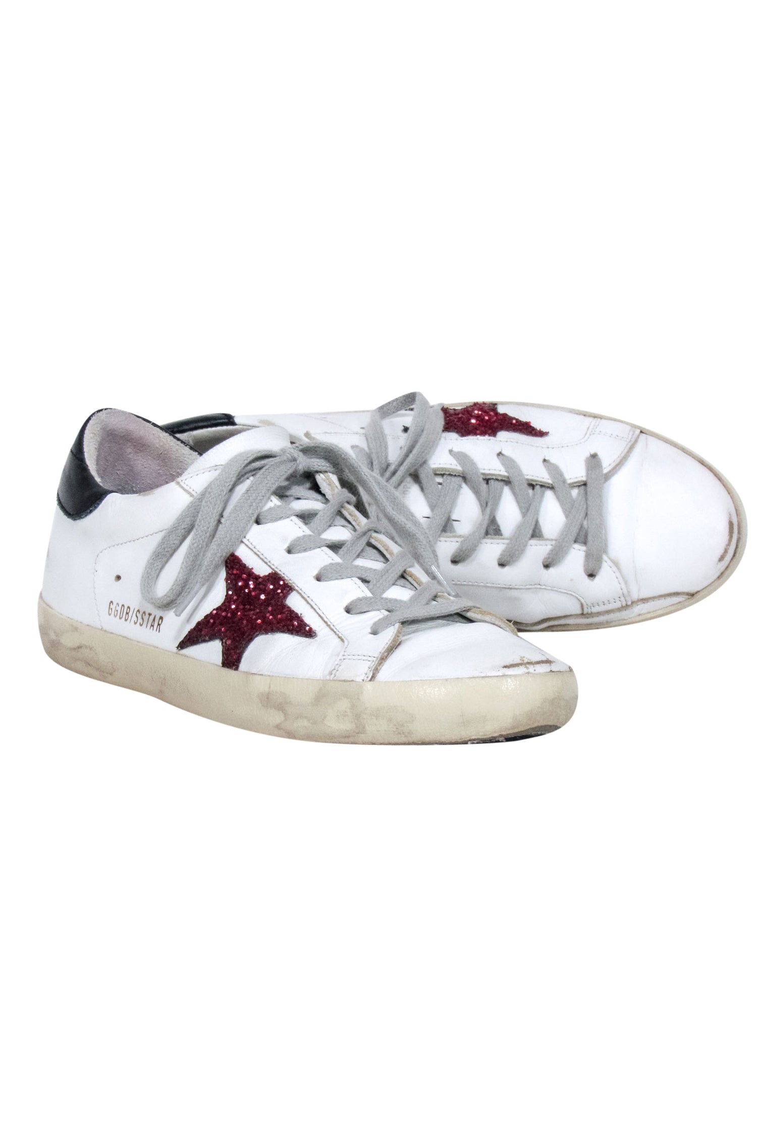 Golden Goose Superstar Sneakers - White Leather with Maroon Glitter Star, Size 8