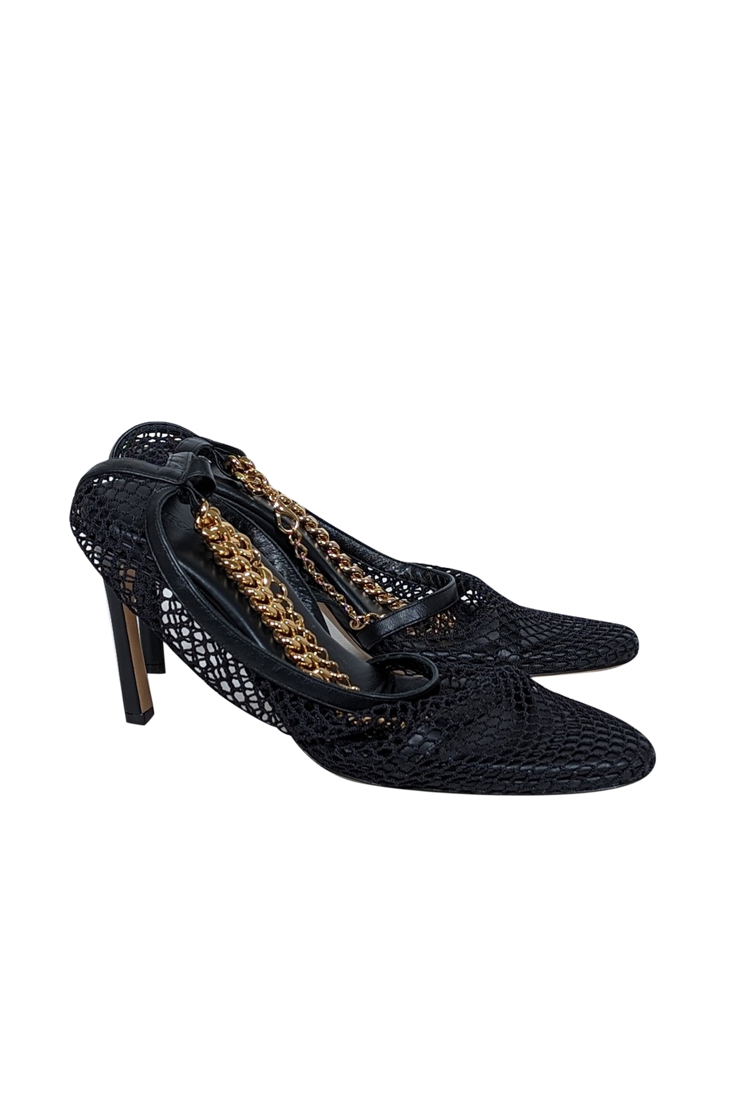 Bottega Veneta Black Mesh Heels with Chain Strap - Size 9