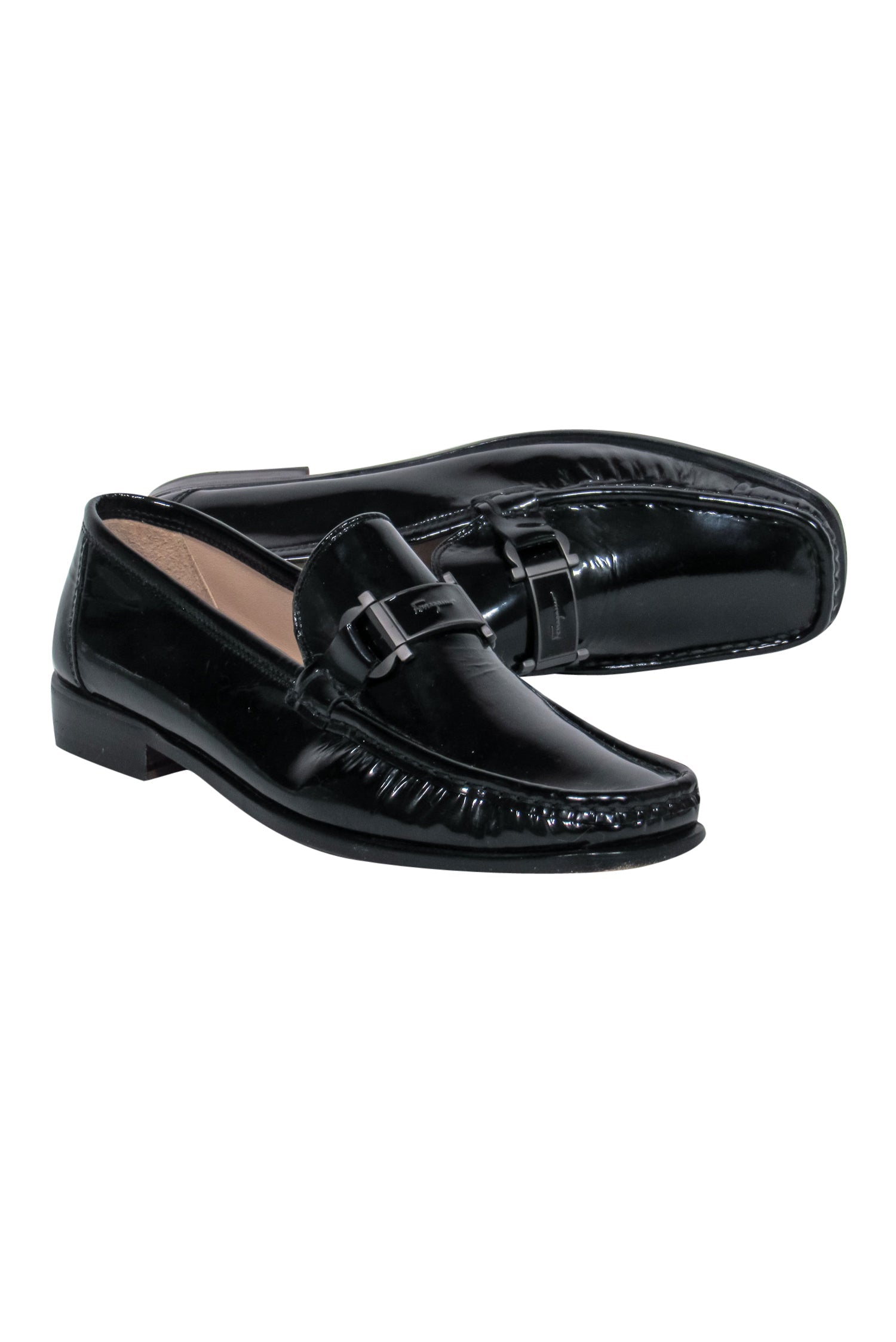 Ferragamo's Glamorous Black Patent Leather Square Toe Loafers with Buckles - Size 9