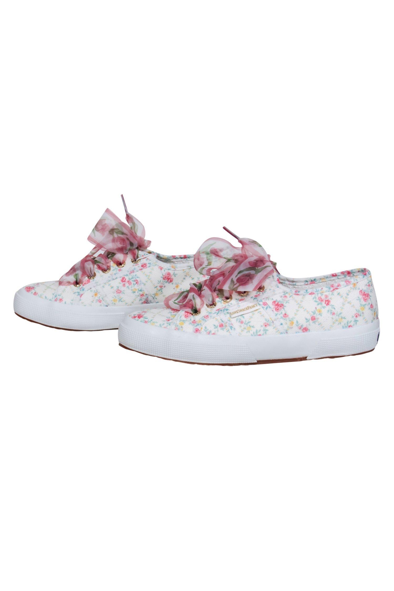 Superga x LoveShackFancy - Adorable White & Multicolored Floral Print Lace - Up Sneakers in Size 7.5