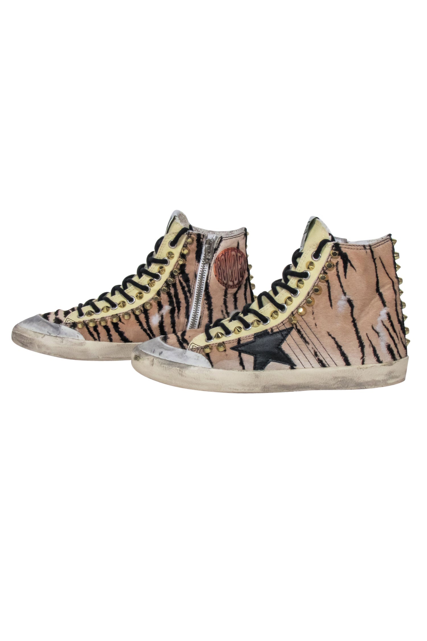 Golden Goose Beige & Black Tiger Print Studded High - Top Sneakers in Size 8 - Make a Statement!