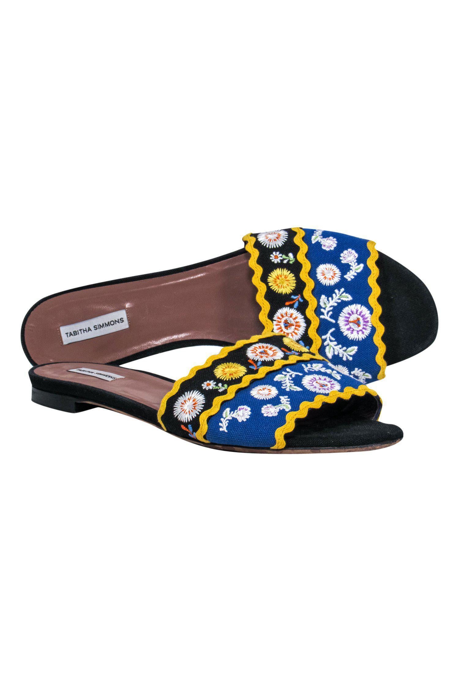 Tabitha Simmons - Vibrant Floral Embroidered Slide Sandals in Black, Blue & Yellow, Size 11
