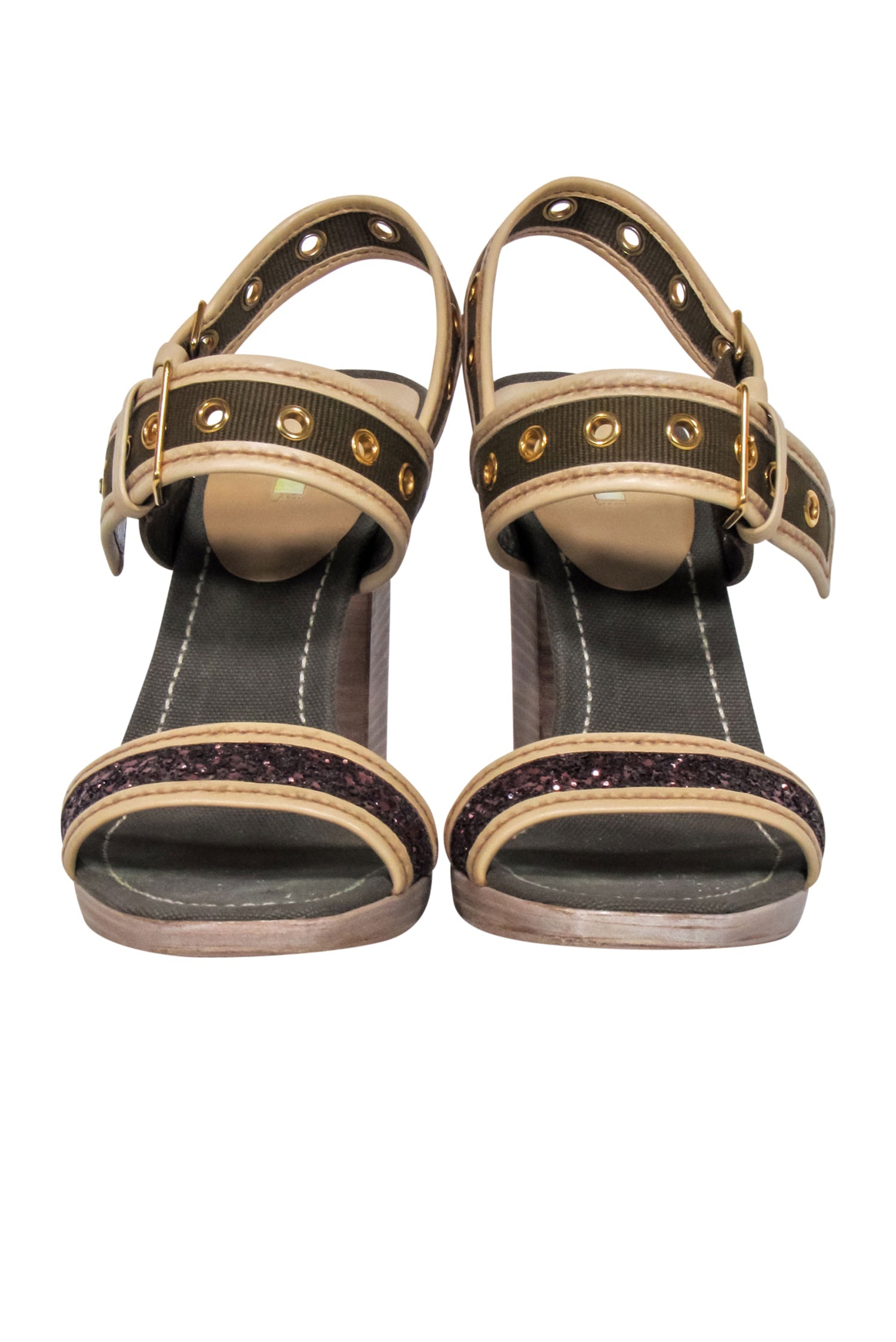 Miu Miu - Stunning Olive Green Canvas Open Toe Pumps with Purple Glitter Strap, Size 10