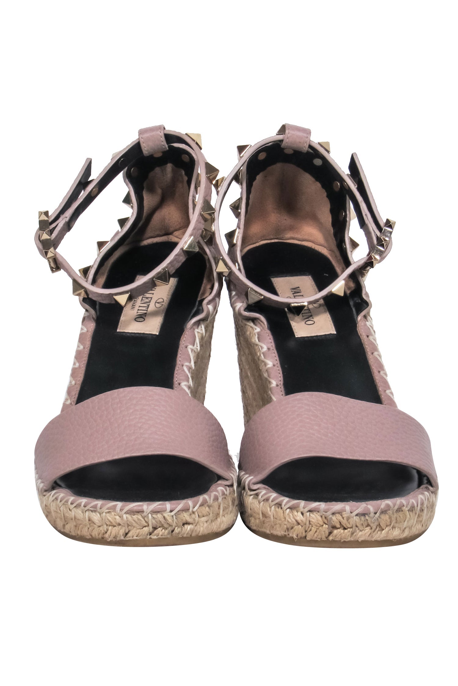 Valentino Nude Calfskin Leather Rock-Stud Espadrille Wedges with Ankle Strap - Size 7