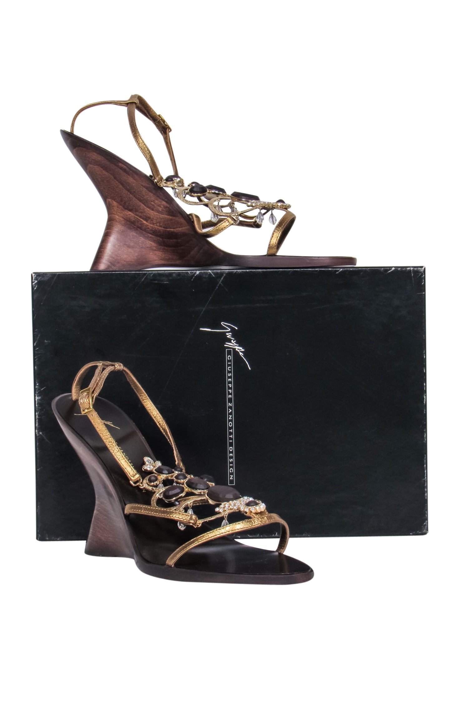 Giuseppe Zanotti - Stunning Brown & Gold Jeweled Strappy 'Cleo' Wedge Sandals in Size 9