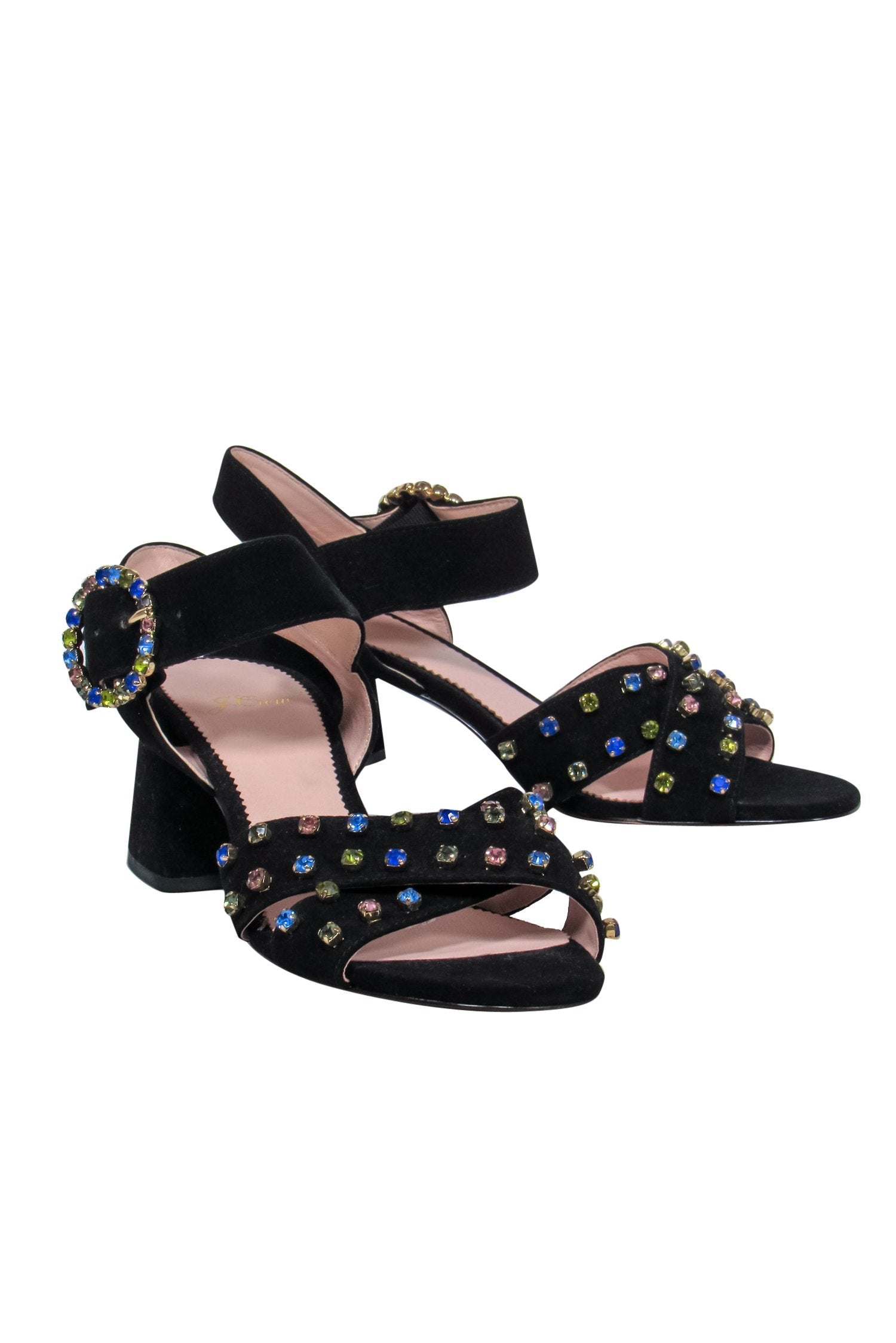 J.Crew Black Suede Strappy Block Heel Pumps with Jewel Embellishments - Size 7.5
