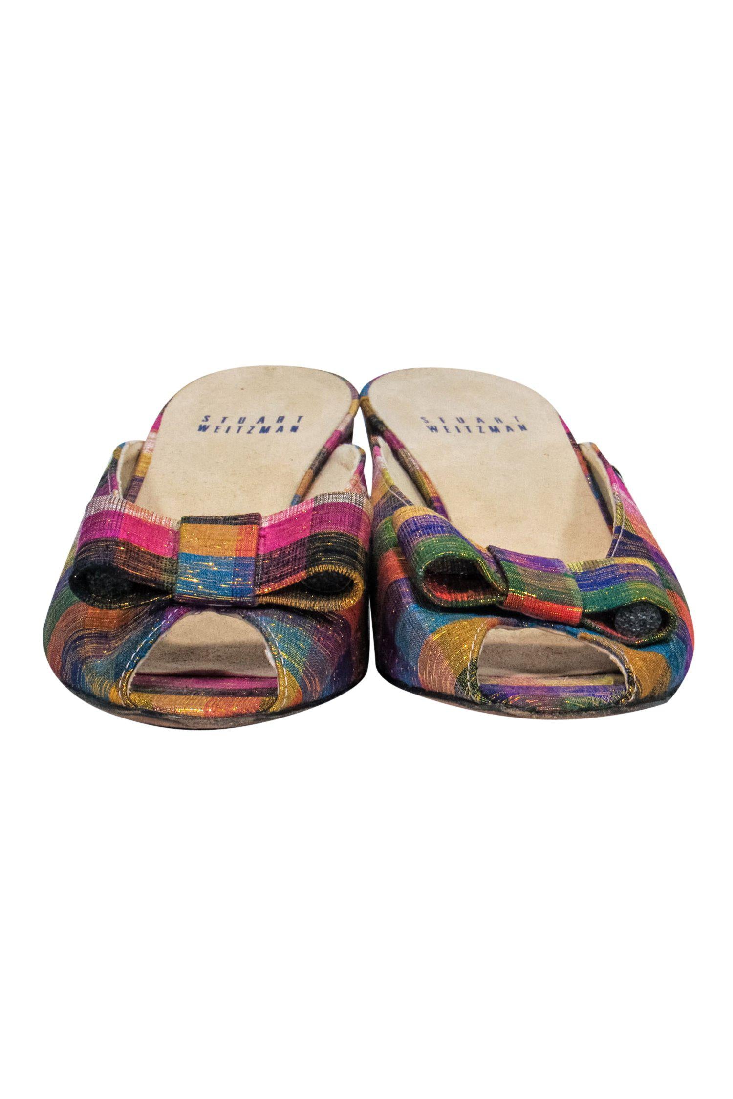 Stuart Weitzman's Magical Multicolored Metallic Plaid Peep - Toe Kitten Heels with Bow, Size 7