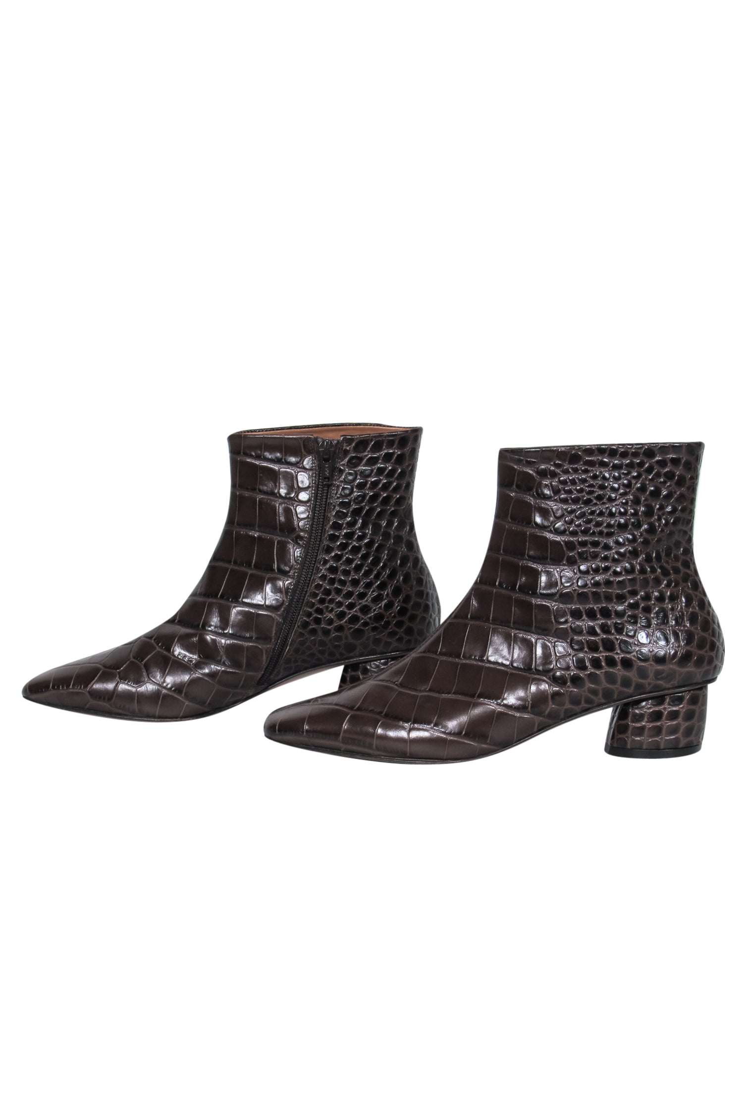 LOQ Brown Alligator-Embossed Leather Block Heel Ankle Booties - Size 9