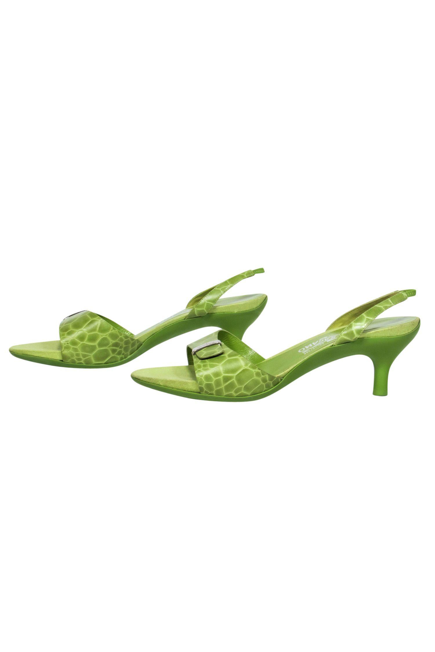 Ferragamo Light Green Reptile Embossed Slingback Kitten Heels - Size 11